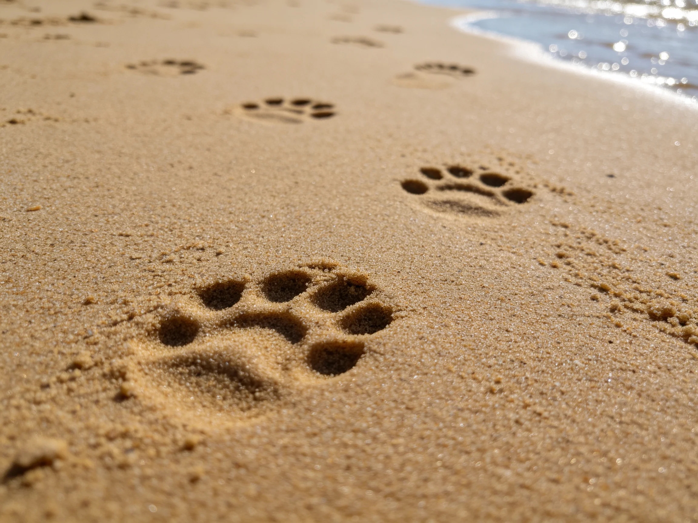 Paw Prints Tracing Sandy Beach Near Glistening Ocean Waves