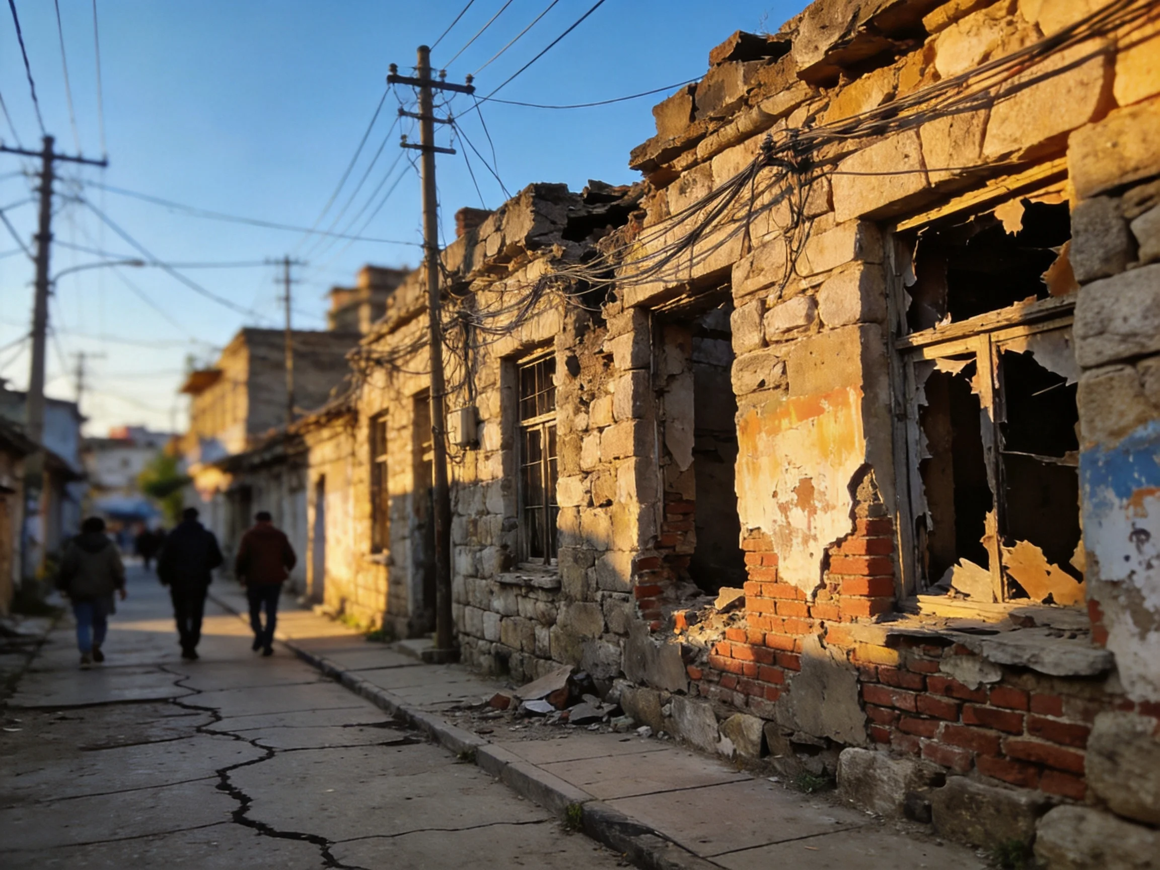 Pedestrians walk past dilapidated stone buildings on a cracked street