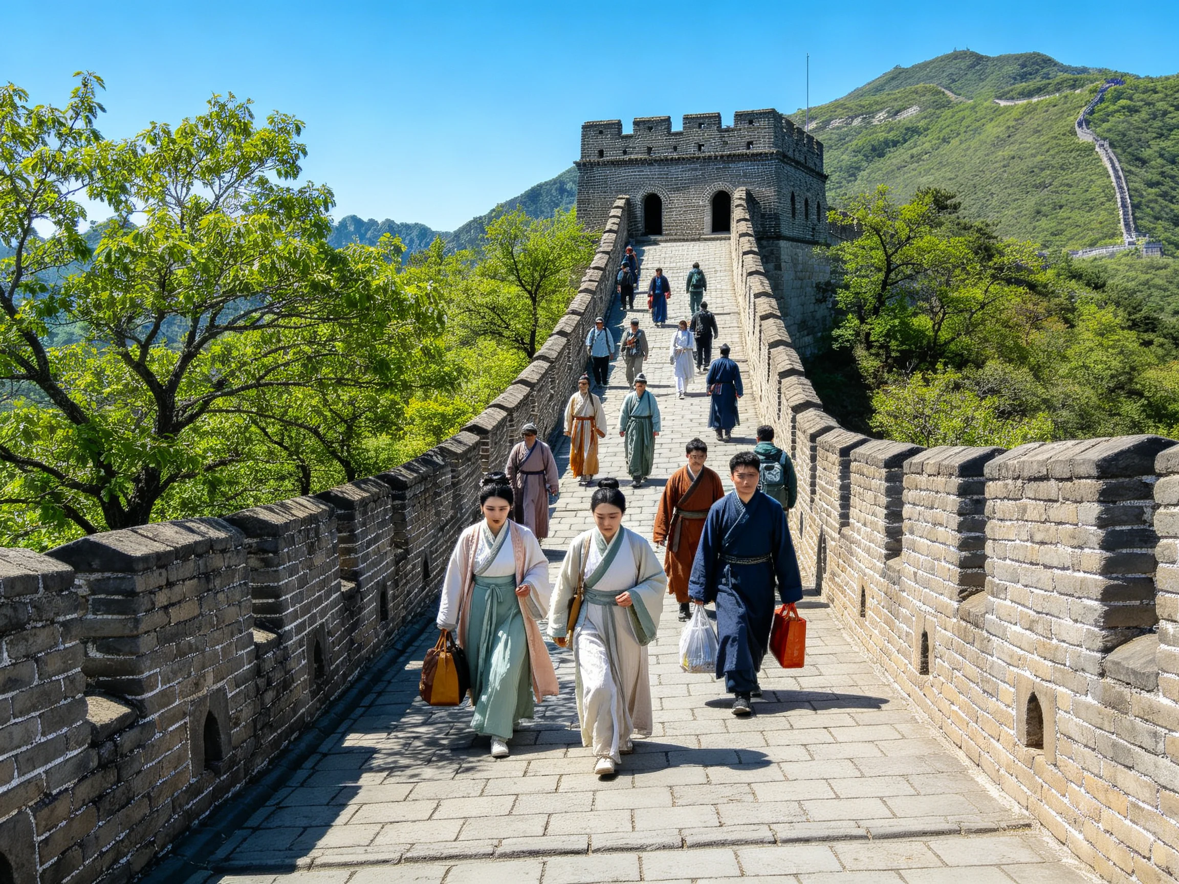People in traditional clothing traverse a historic stone-paved Great Wall section
