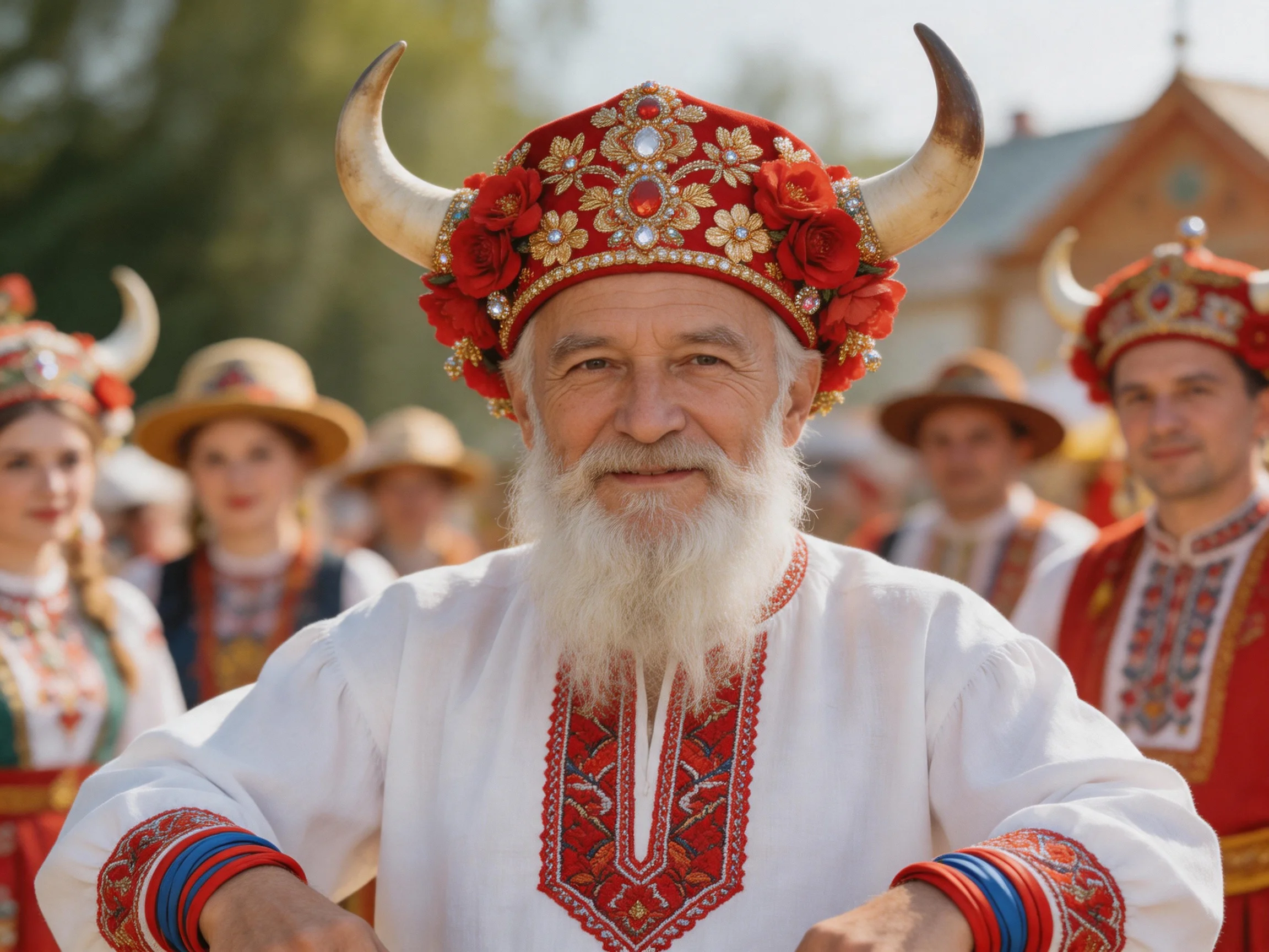 People in traditional folk costumes with red horned headdresses and embroidered garments