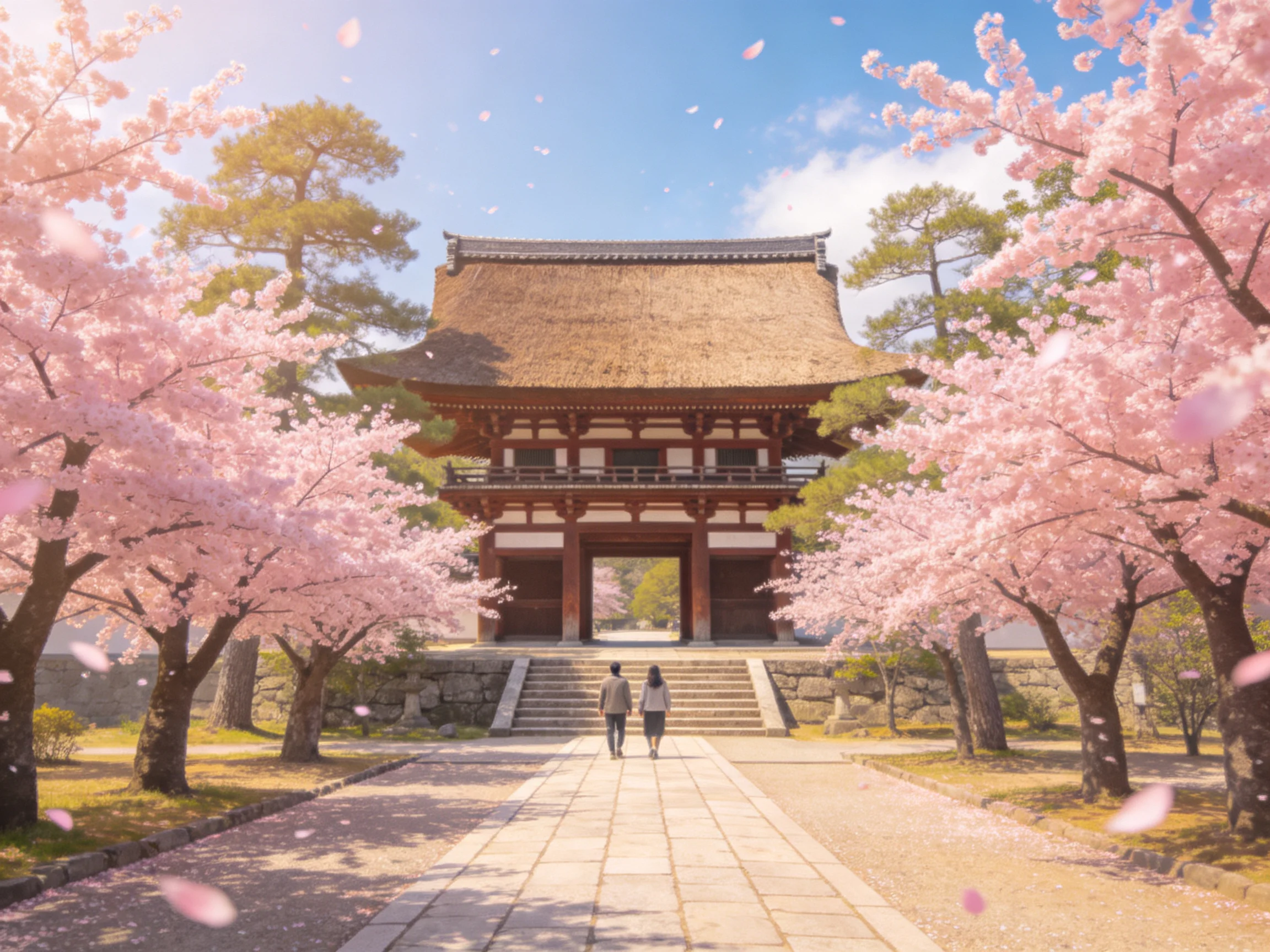 Pink cherry blossom trees encircle a traditional temple with two visitors