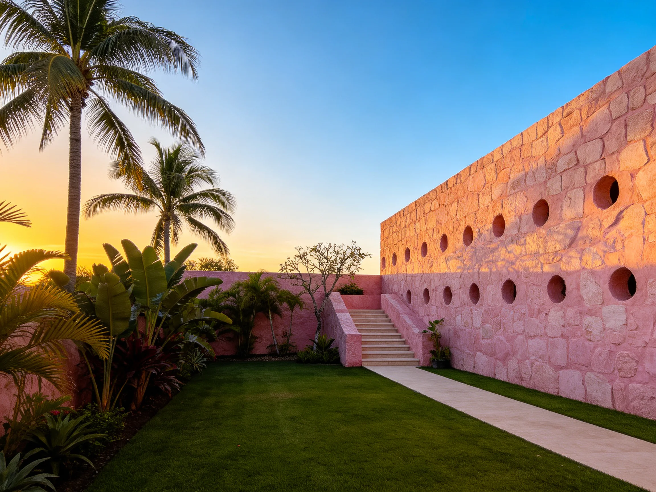 Pink stone-walled courtyard with palm trees at sunset