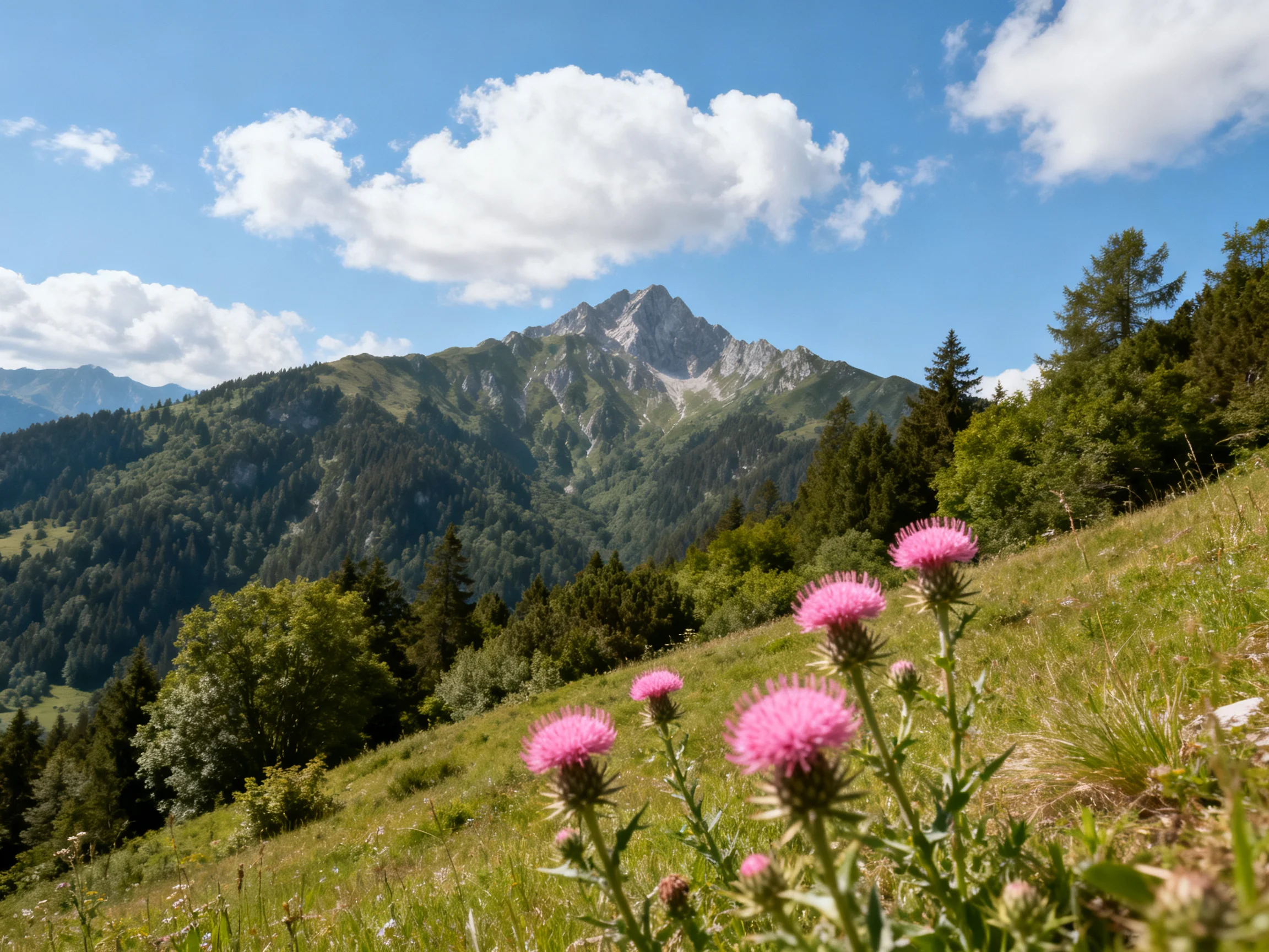 Pink thistle flowers bloom among green meadows and forested mountain slopes under bright blue skies