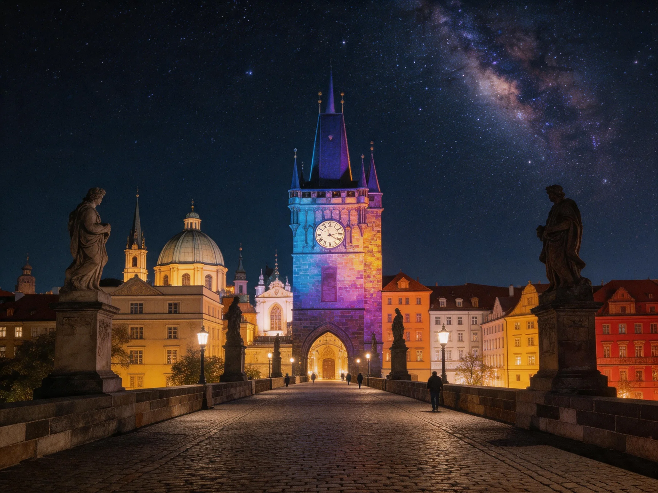 Pragues Charles Bridge at Night with Colorful Historic Architecture