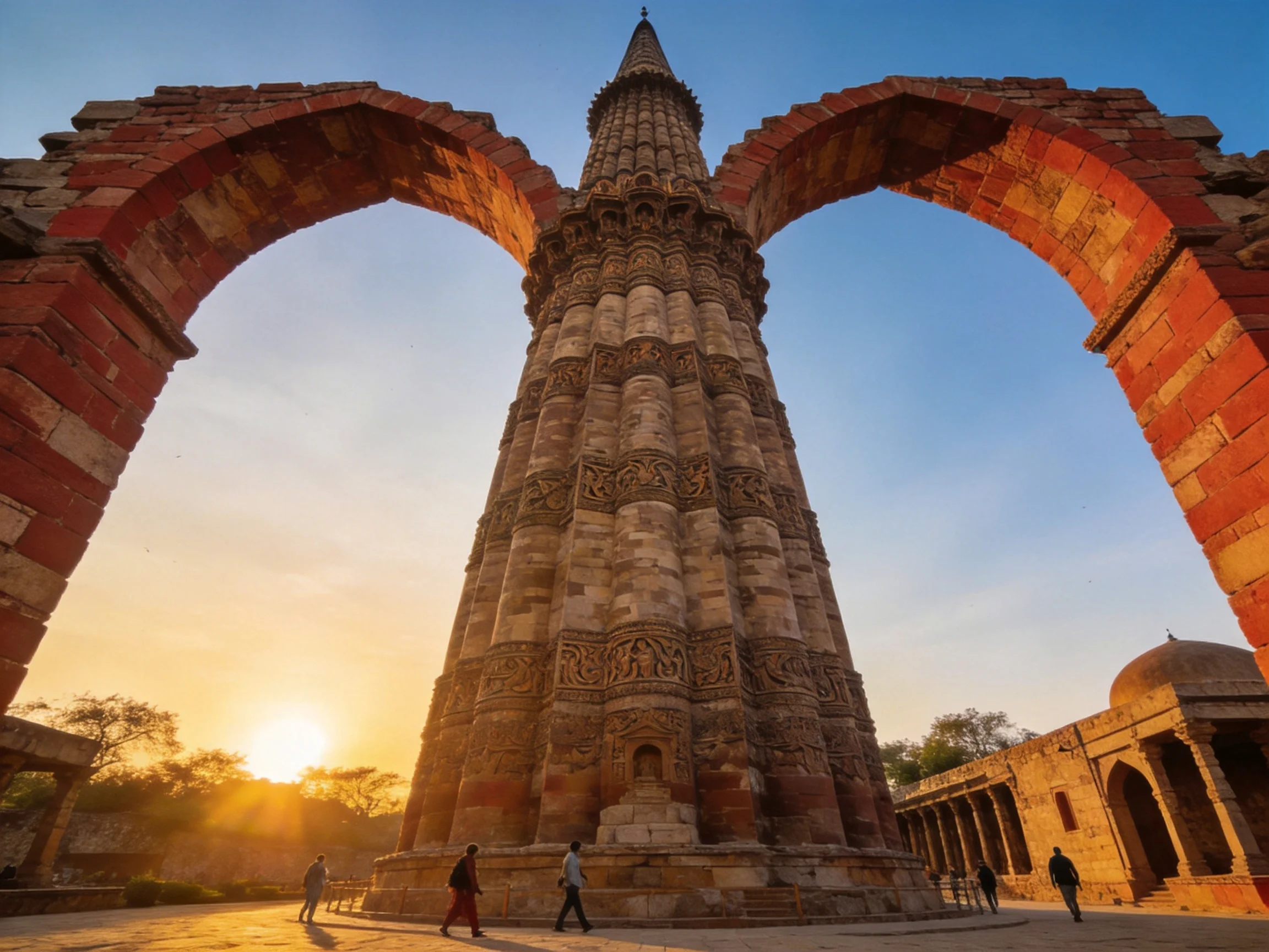 Qutub Minar tower framed by red arches at sunset
