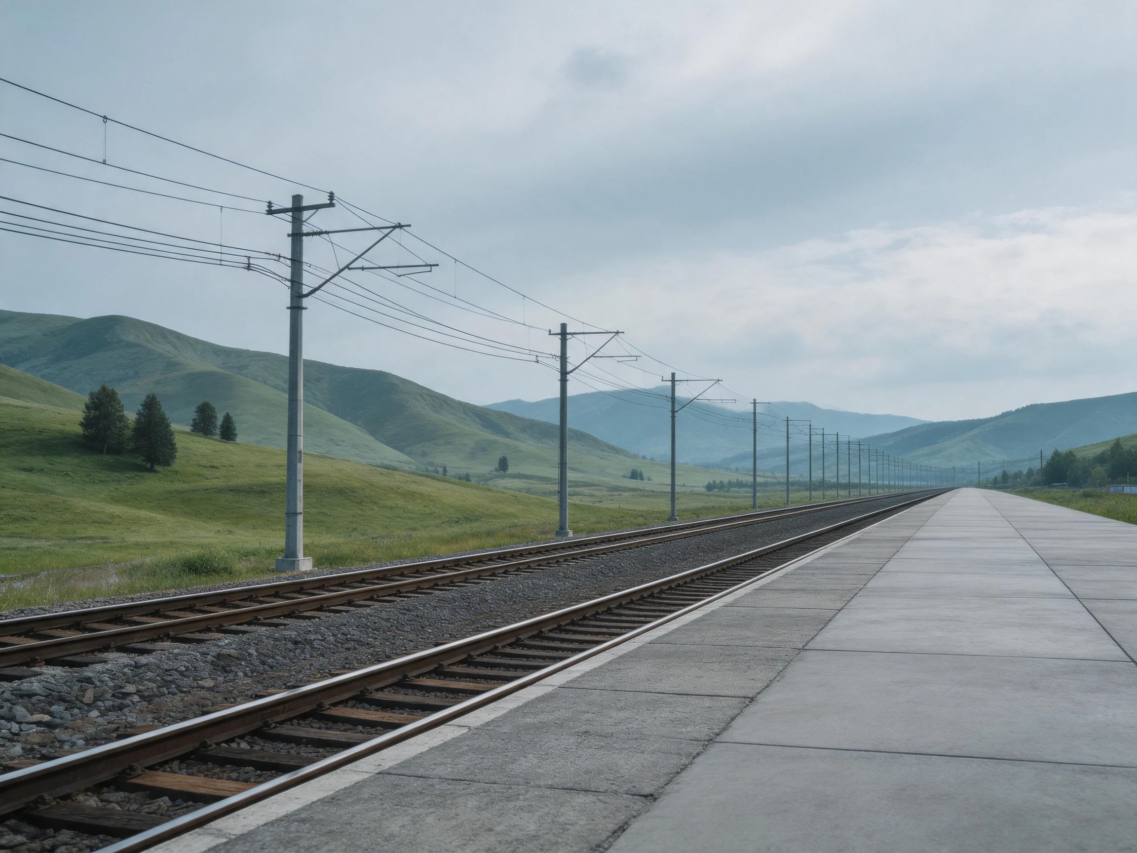 Railroad Tracks Along Concrete Platform Through Green Rolling Hills Under Cloudy Sky