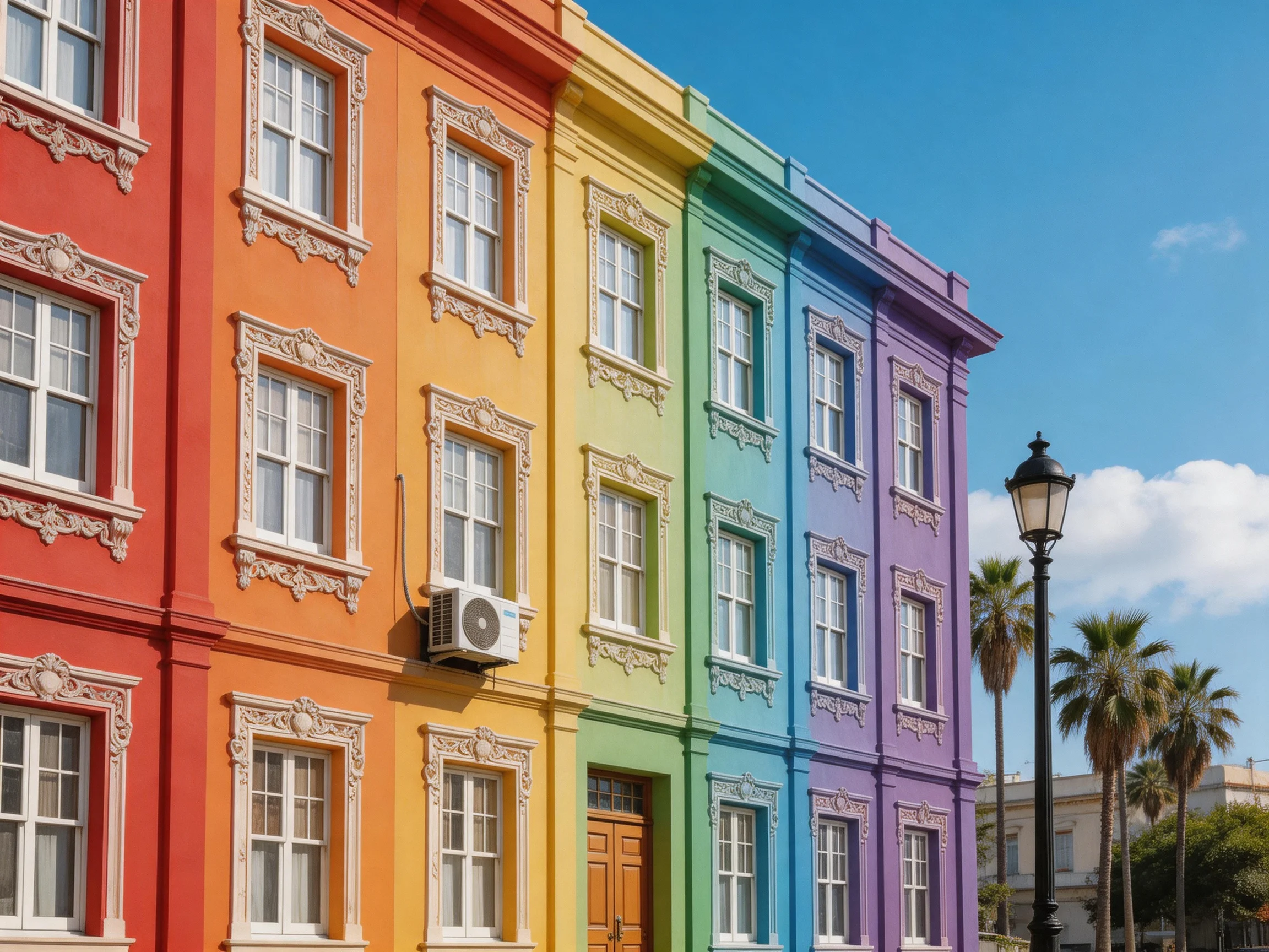 Rainbow-hued historic buildings stand along a sunlit street