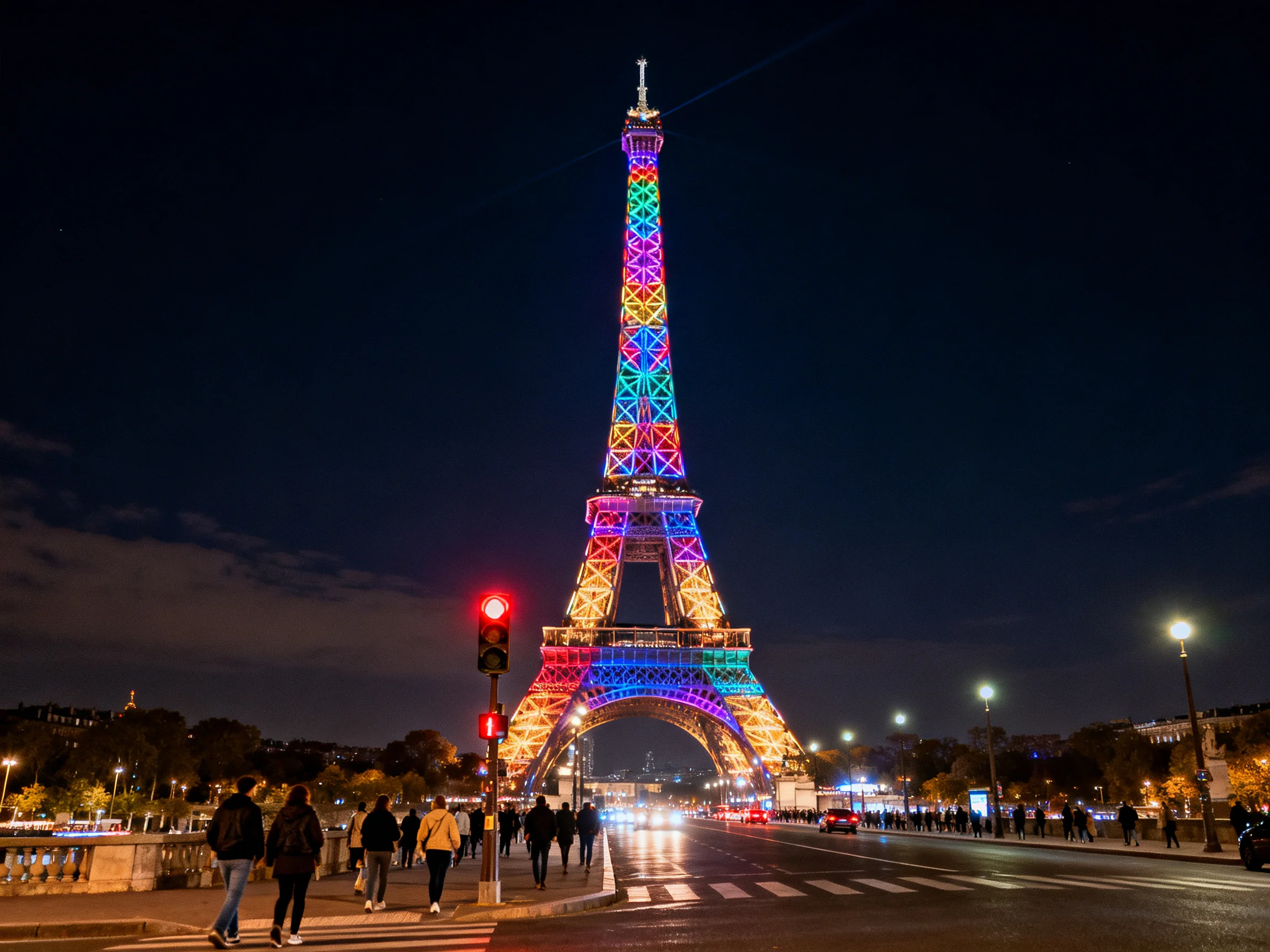 Rainbow-lit Eiffel Tower stands tall against dark night sky