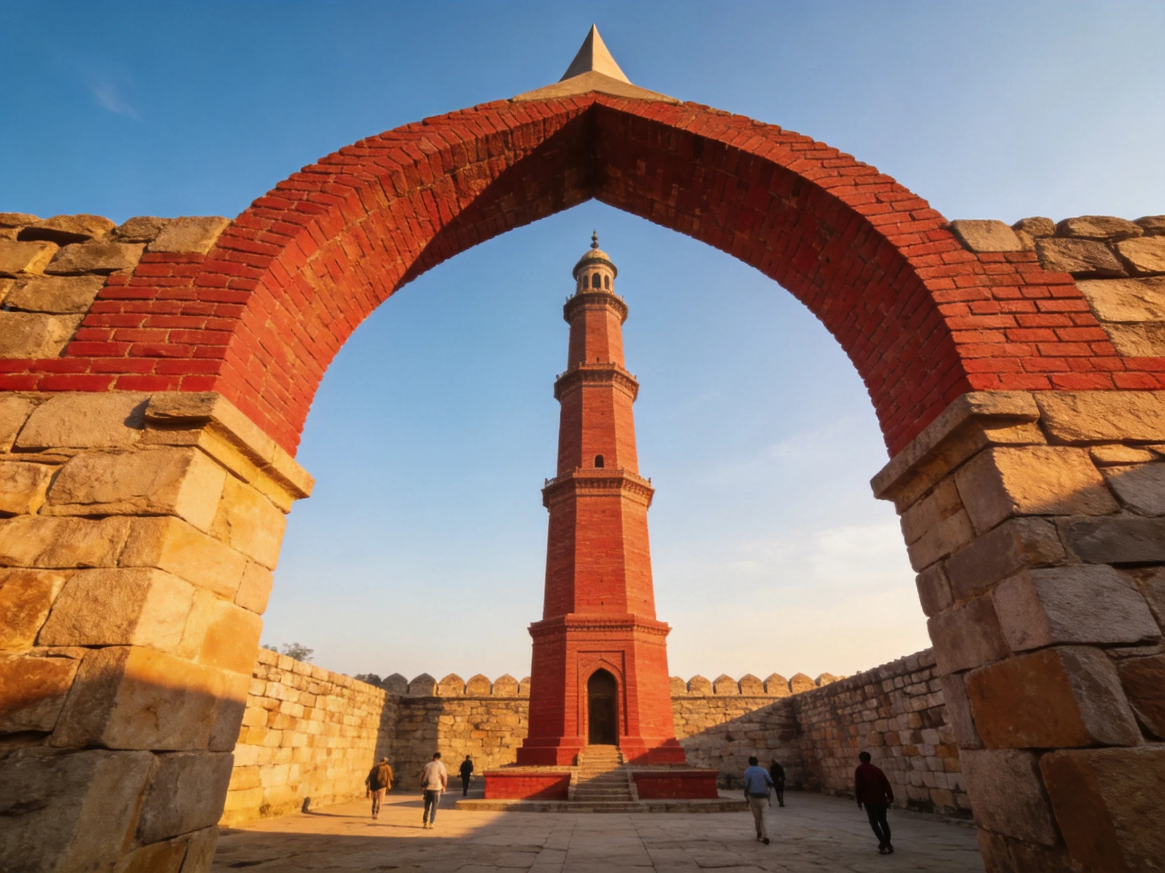 Red Minaret Framed by Brick Arch with Stone Walls