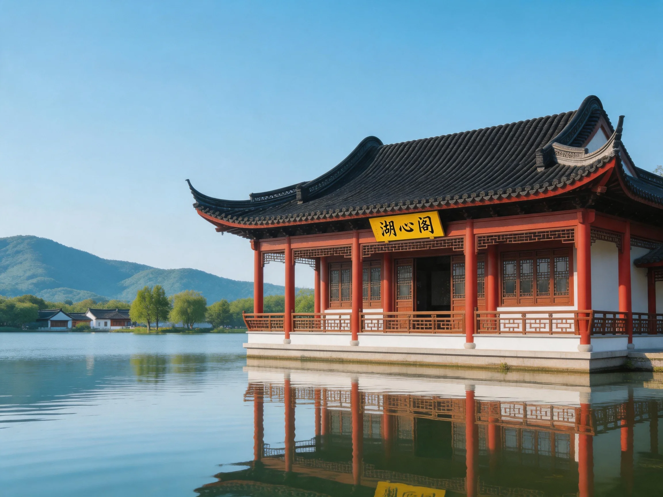 Red-and-black traditional pavilion Lake Heart Pavilion on calm water