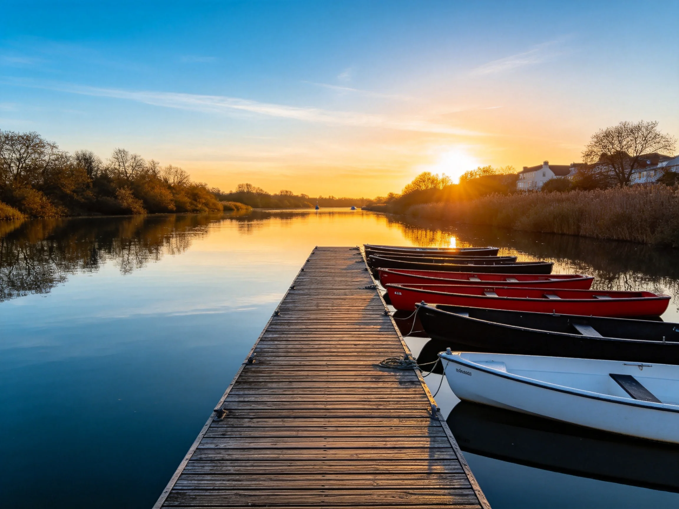 Red, black, and white boats docked at a wooden pier during sunset