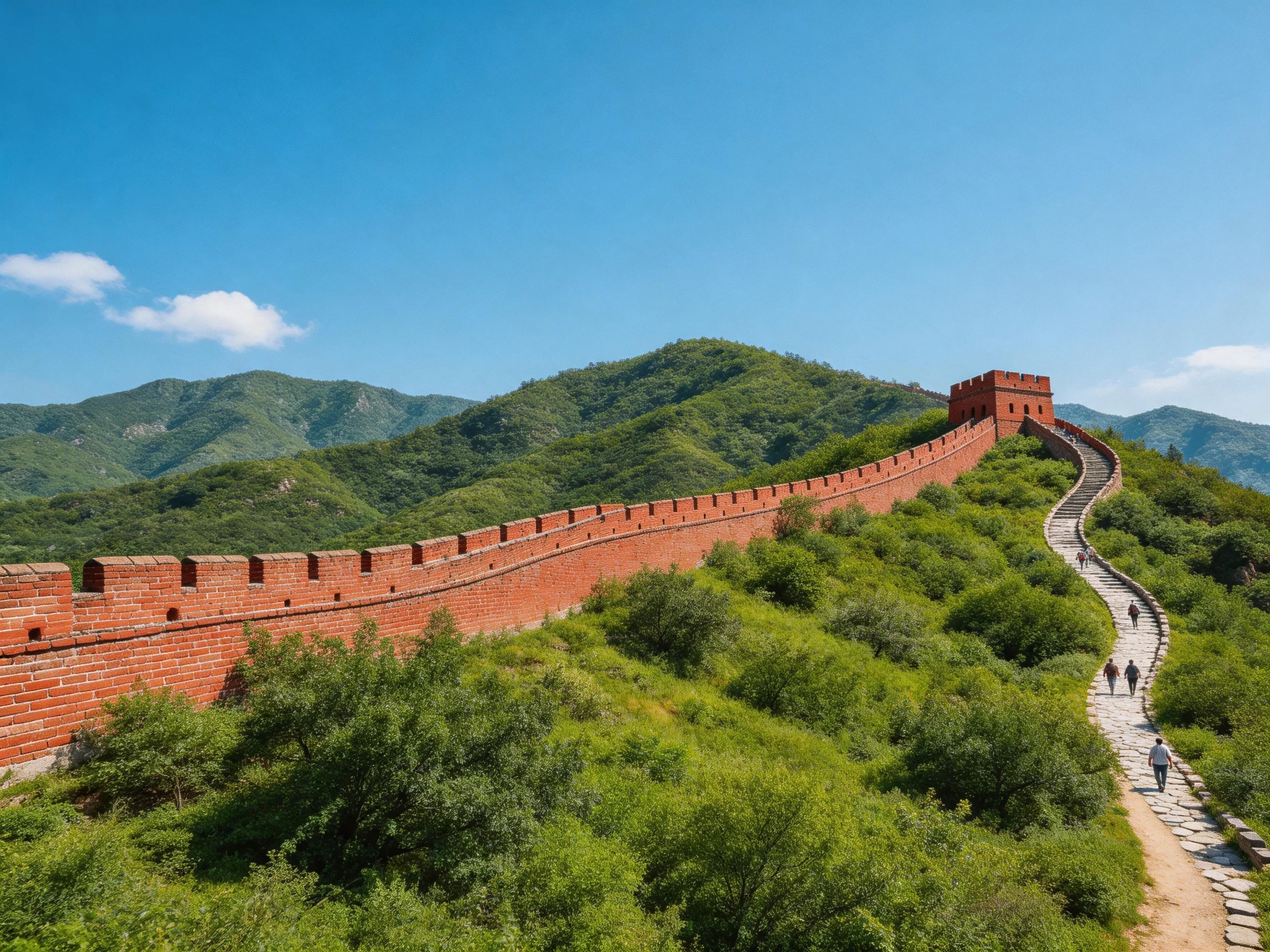 Red-brick Great Wall winds over lush green hills under clear blue sky