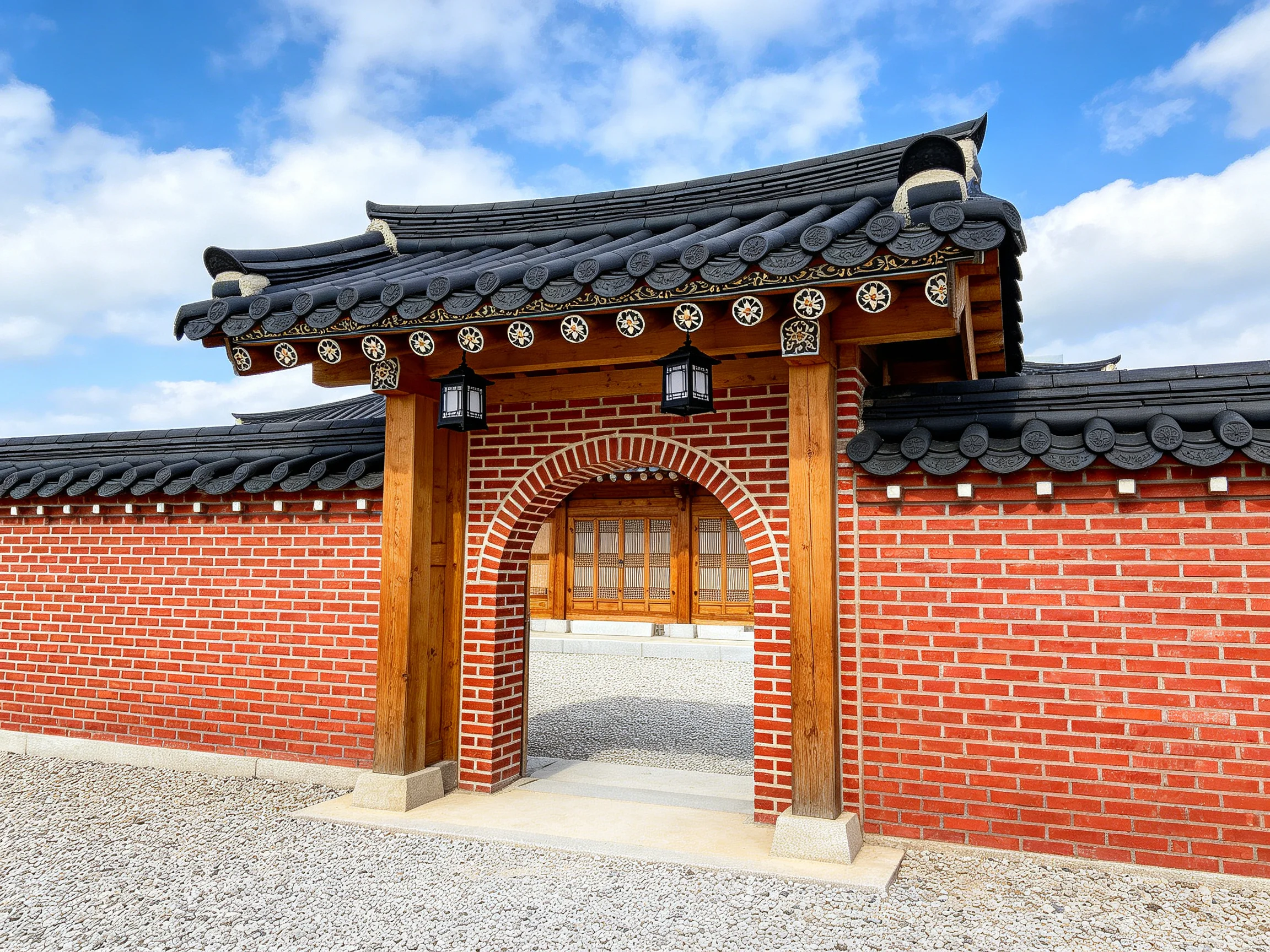 Red-brick wall with ornate wooden archway and black tiled roofs