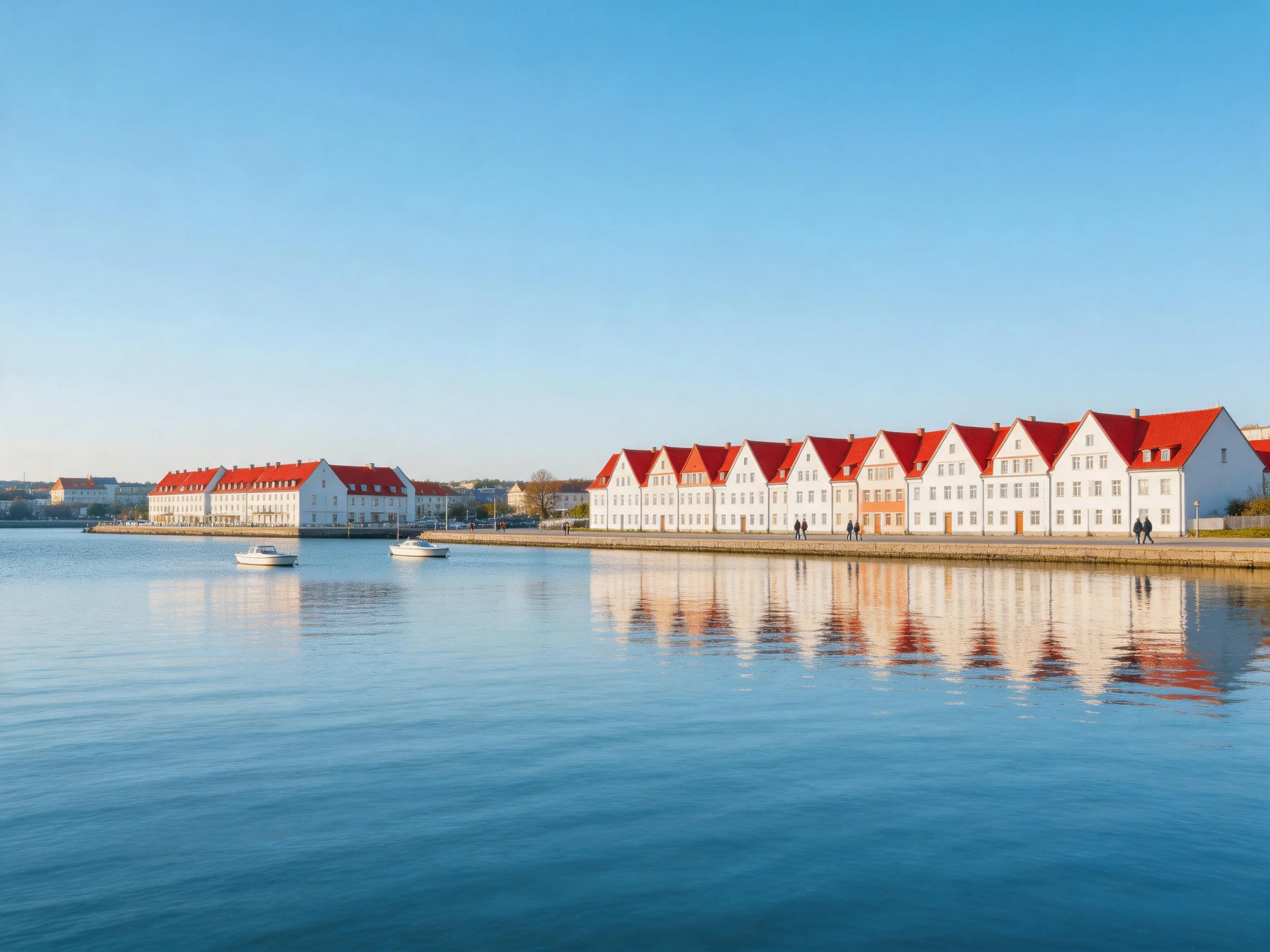 Red-roofed white buildings reflect on calm water near boats