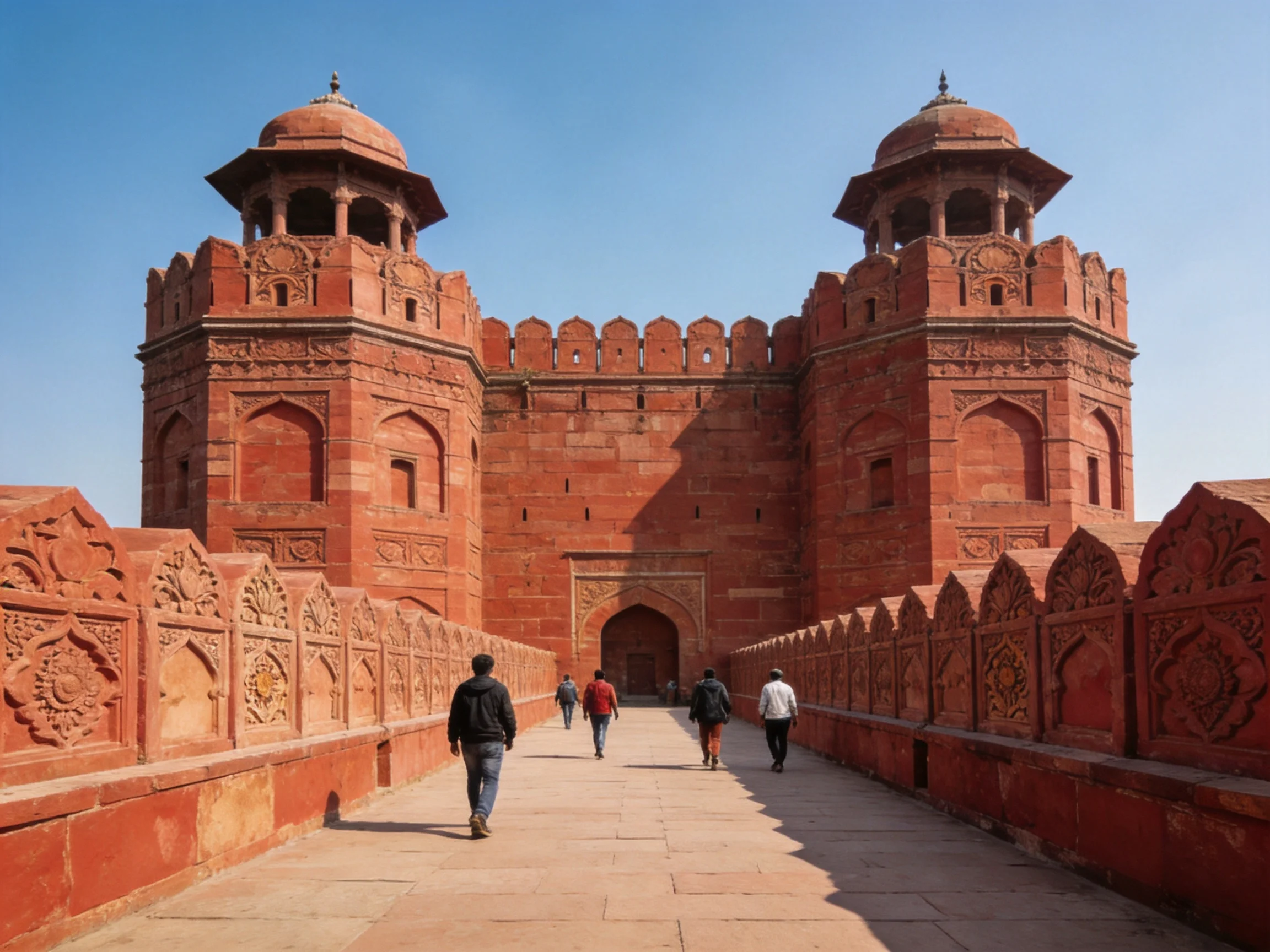 Red sandstone fortress with two domed towers and pedestrians