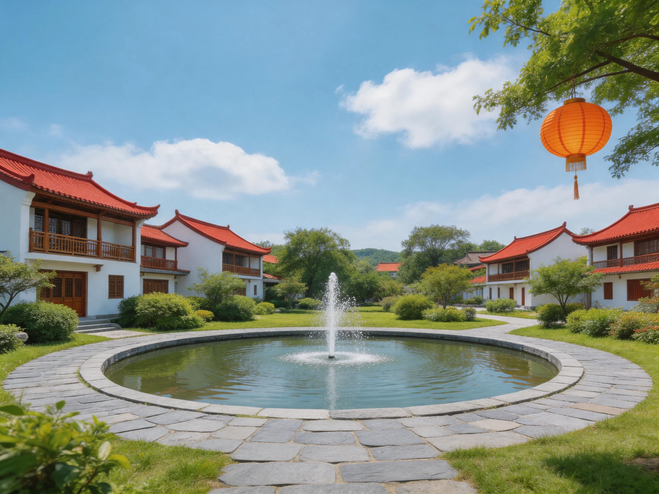 Red-tiled cottages encircle a central fountain amid lush greenery
