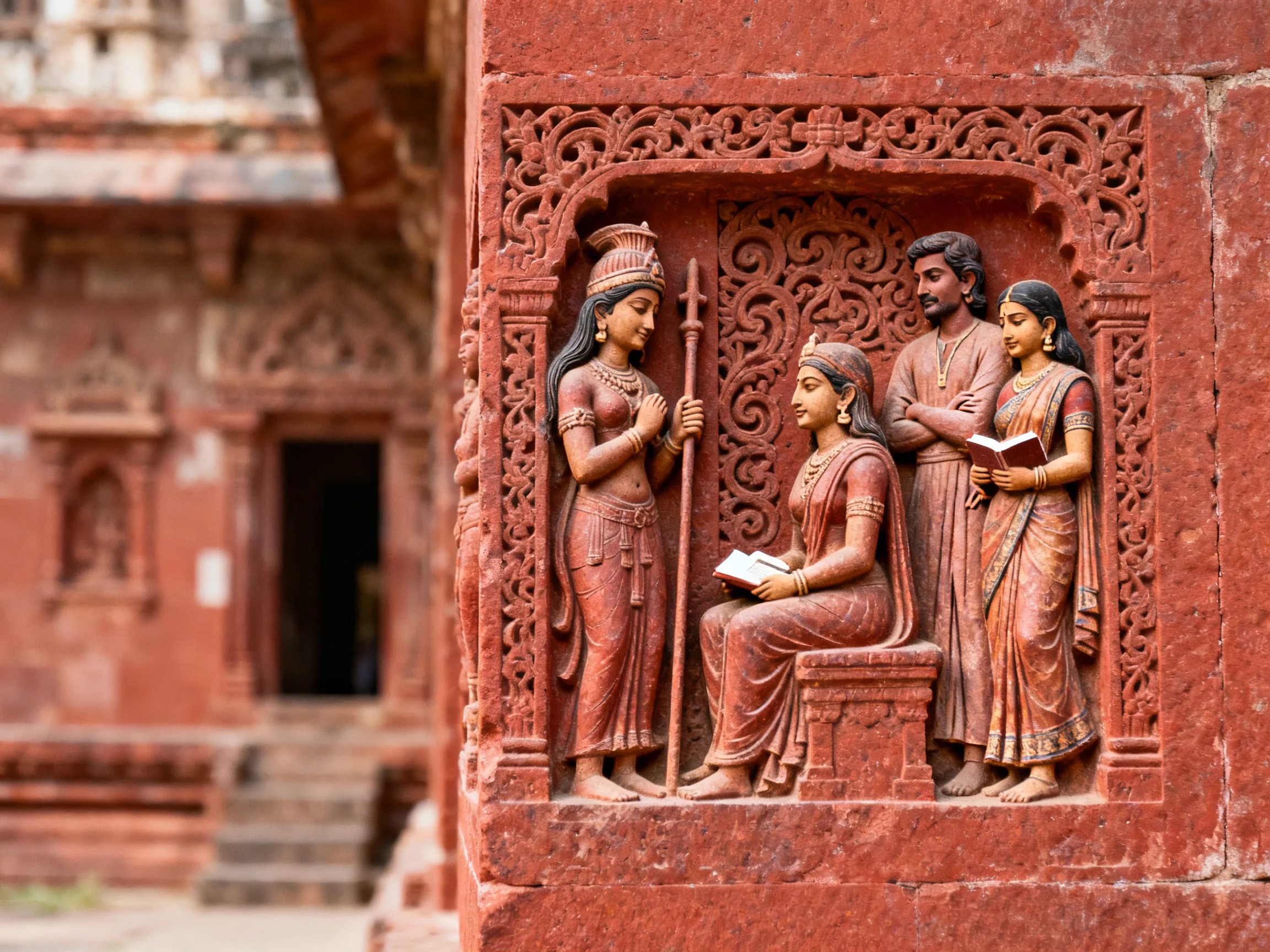 A reddish-brown stone relief depicts four figures with intricate carvings.