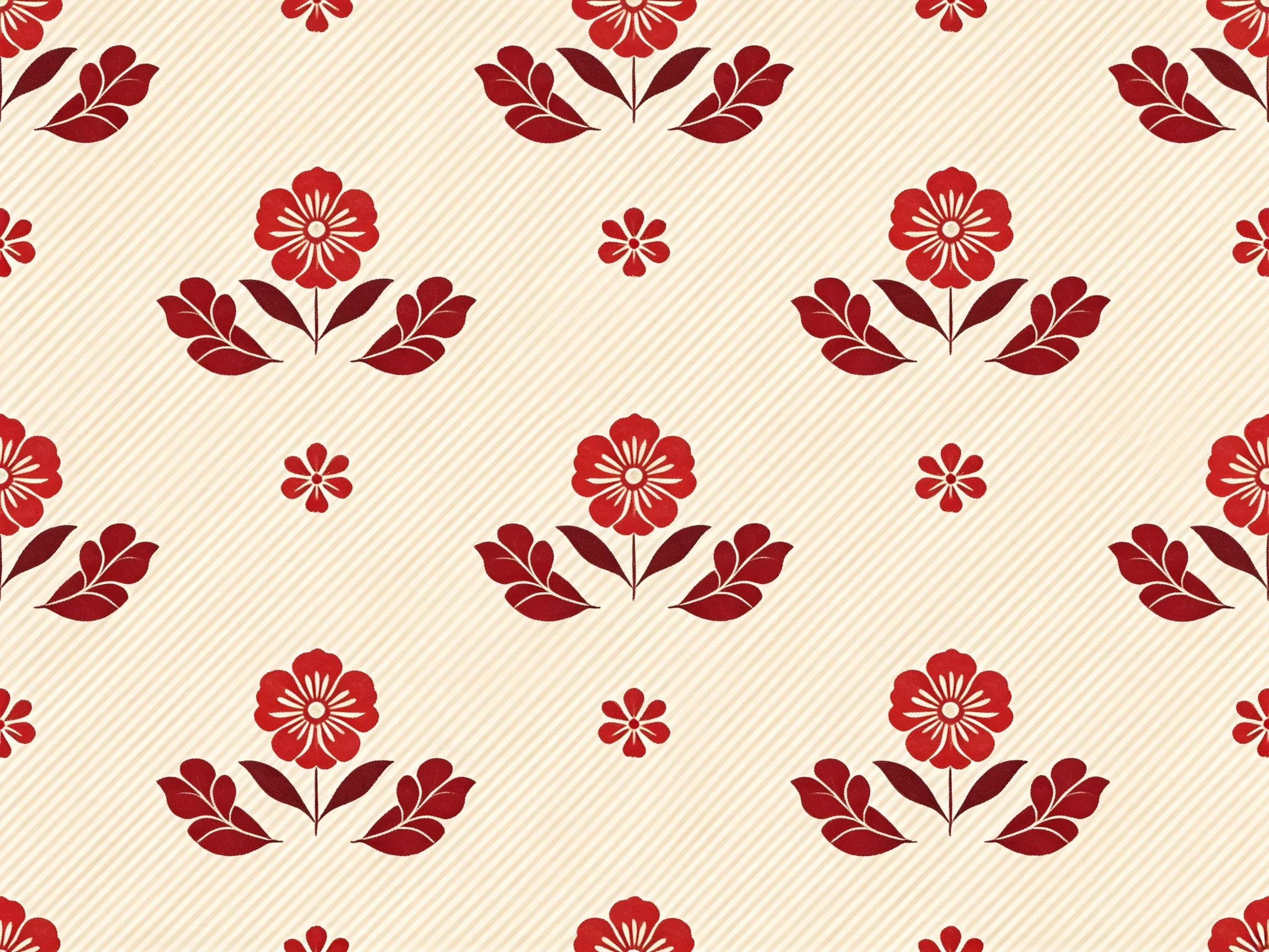 Repeating red floral clusters on a beige diagonal-lined textured backdrop