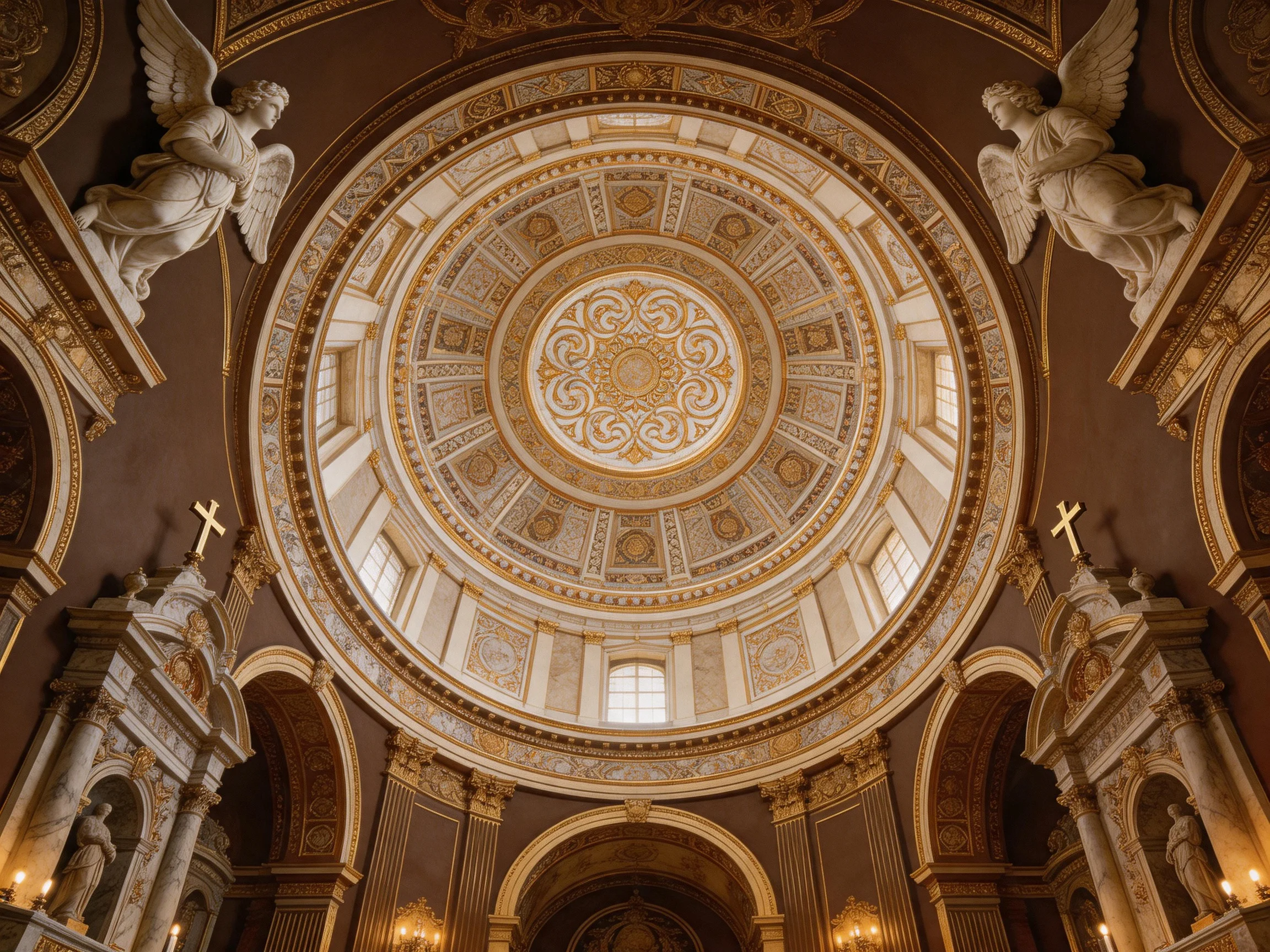 Richly decorated domed ceiling with angel statues and gold accents