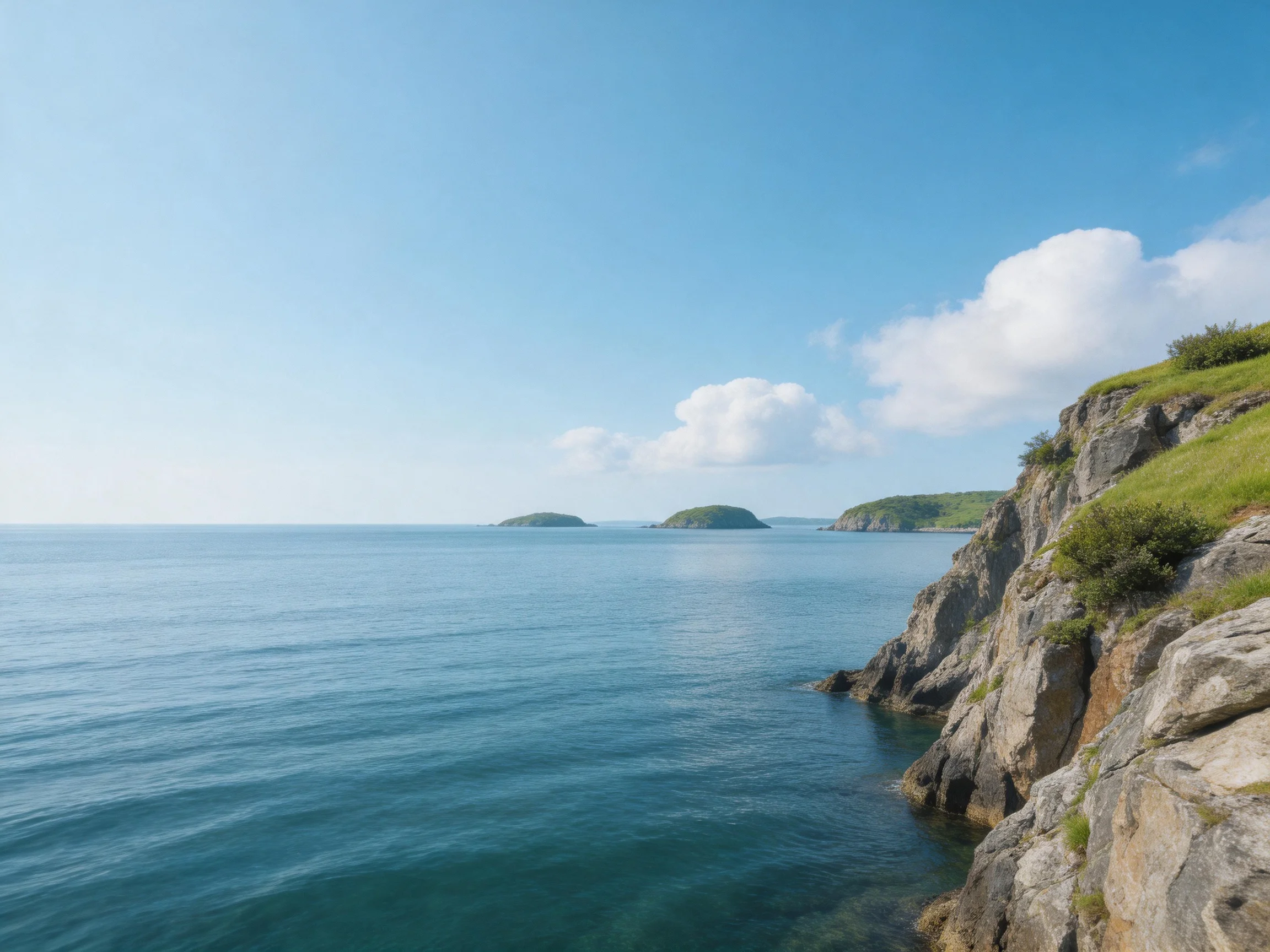 Rocky Coastal Cliffs Overlooking Calm Blue Waters With Distant Islands