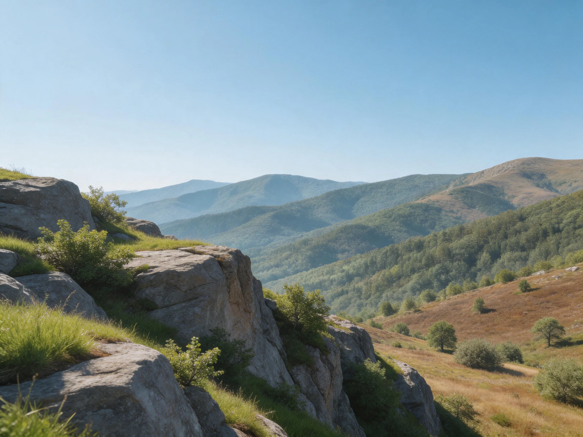 Rocky cliffs overlook rolling green hills under a clear blue sky