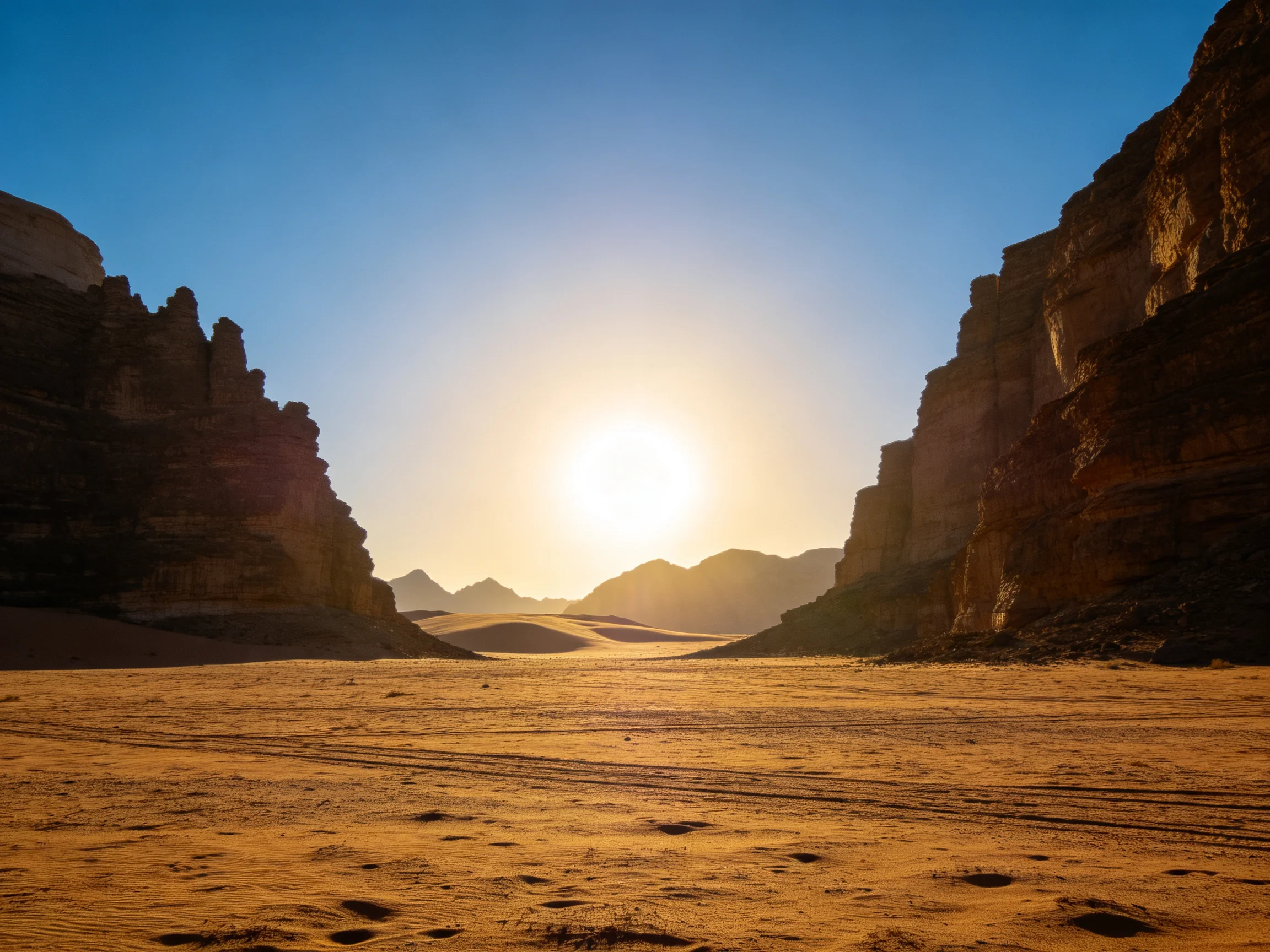 Rocky desert canyon at sunrise with golden sand and blue sky
