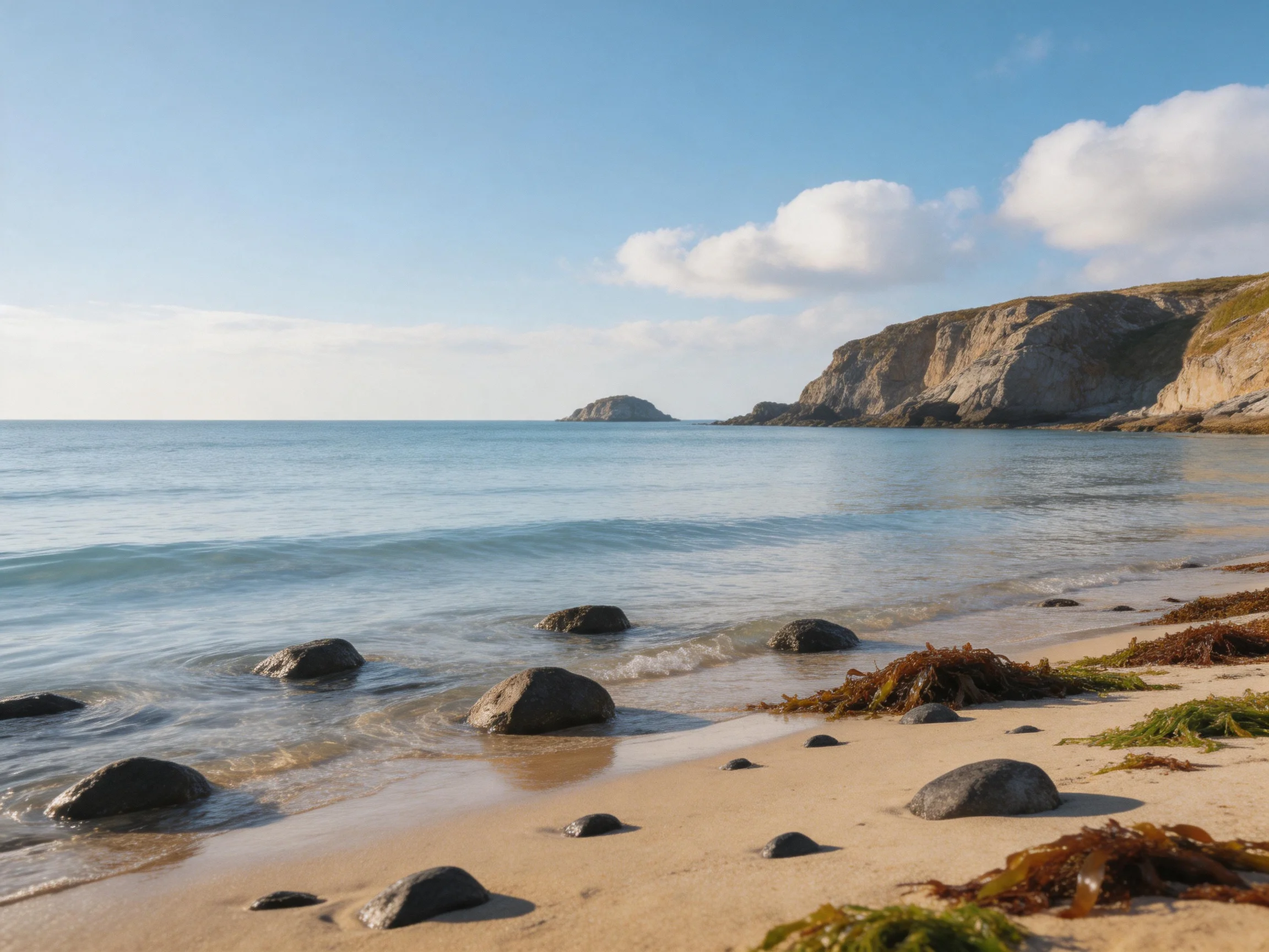 Rocky sandy beach with calm blue sea near cliffside cliffs