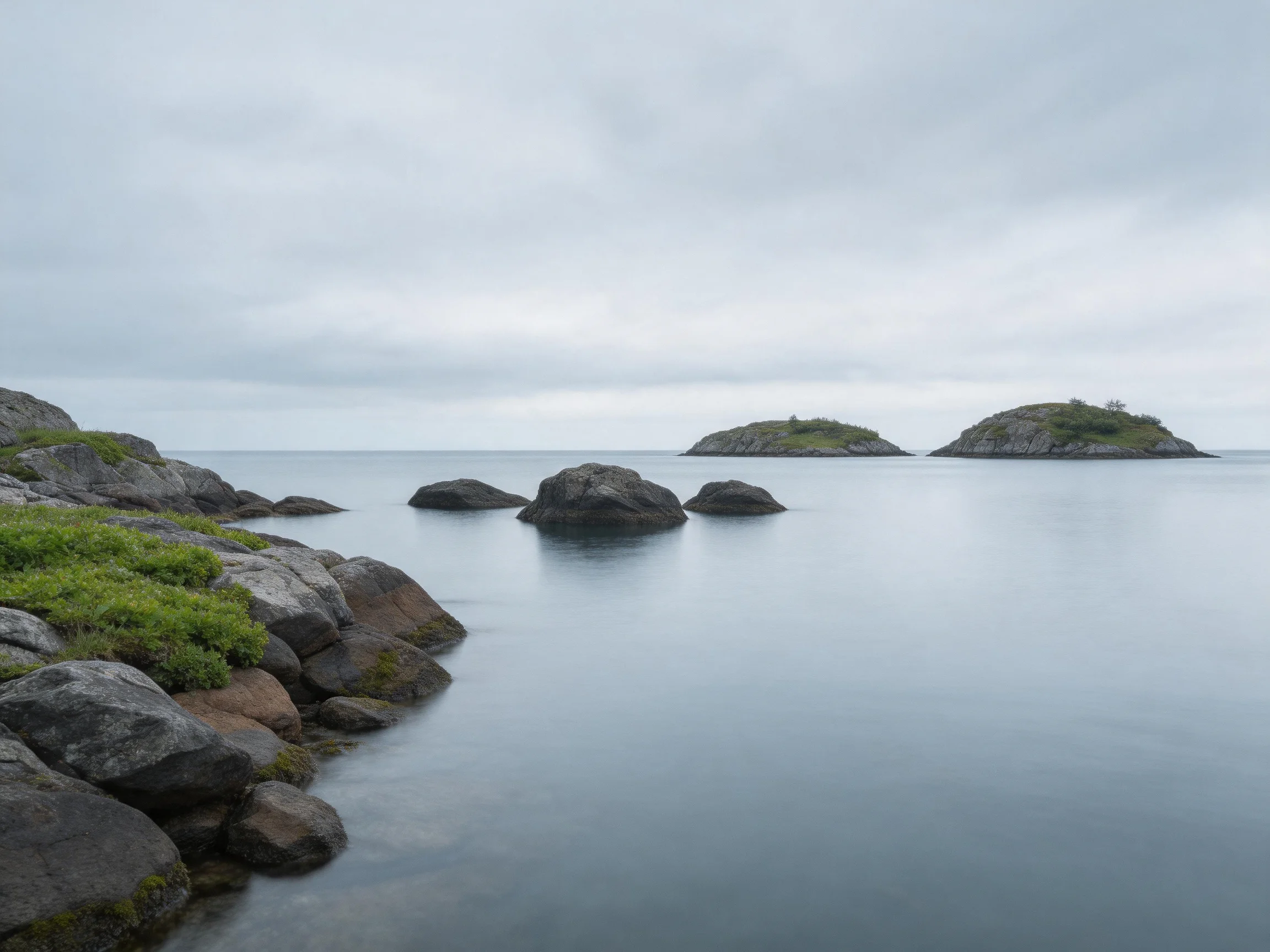 Rocky shoreline with calm waters and green-covered islands