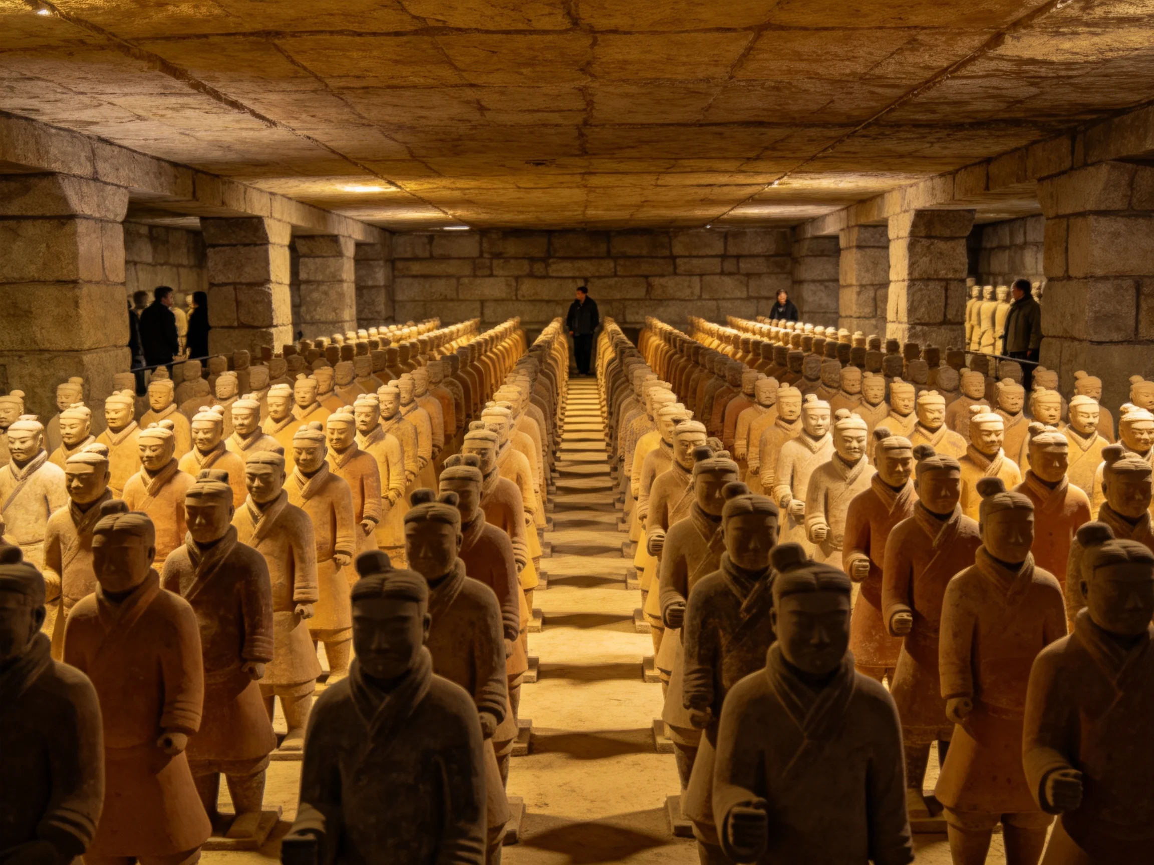 Rows of ancient terracotta statues in a stone chamber