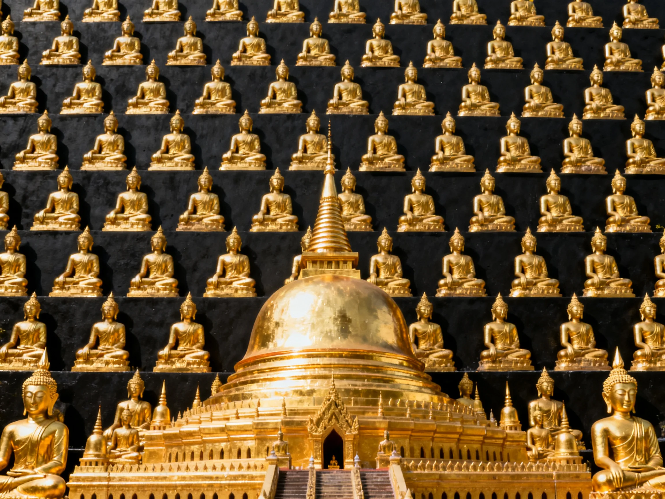 Rows of golden Buddha statues surround a grand golden temple structure.