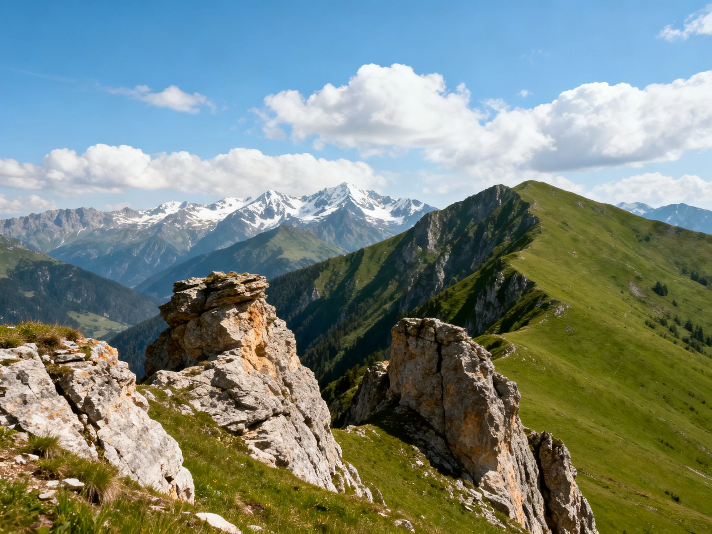 Rugged Rocks, Verdant Hills, and Snow-Capped Peaks Under Sunny Skies