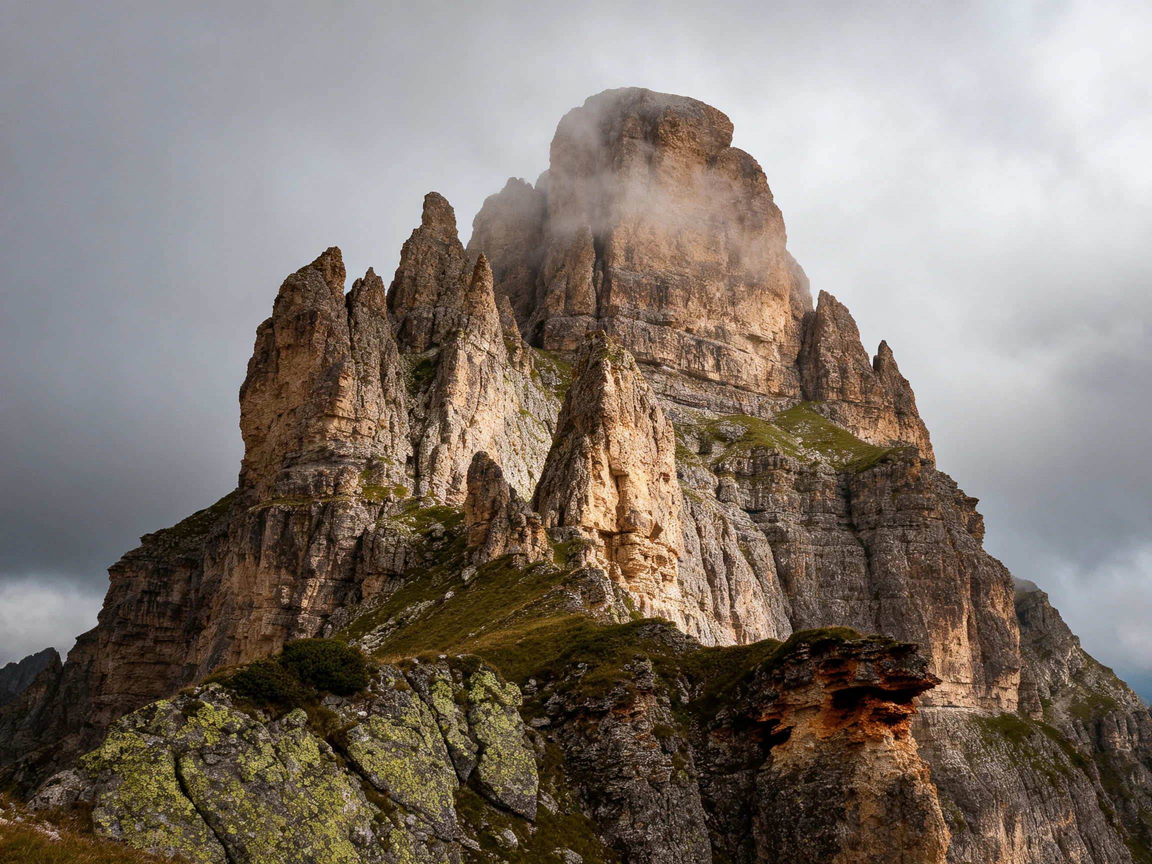 Rugged earth-toned cliffs tower under moody skies with misty summit