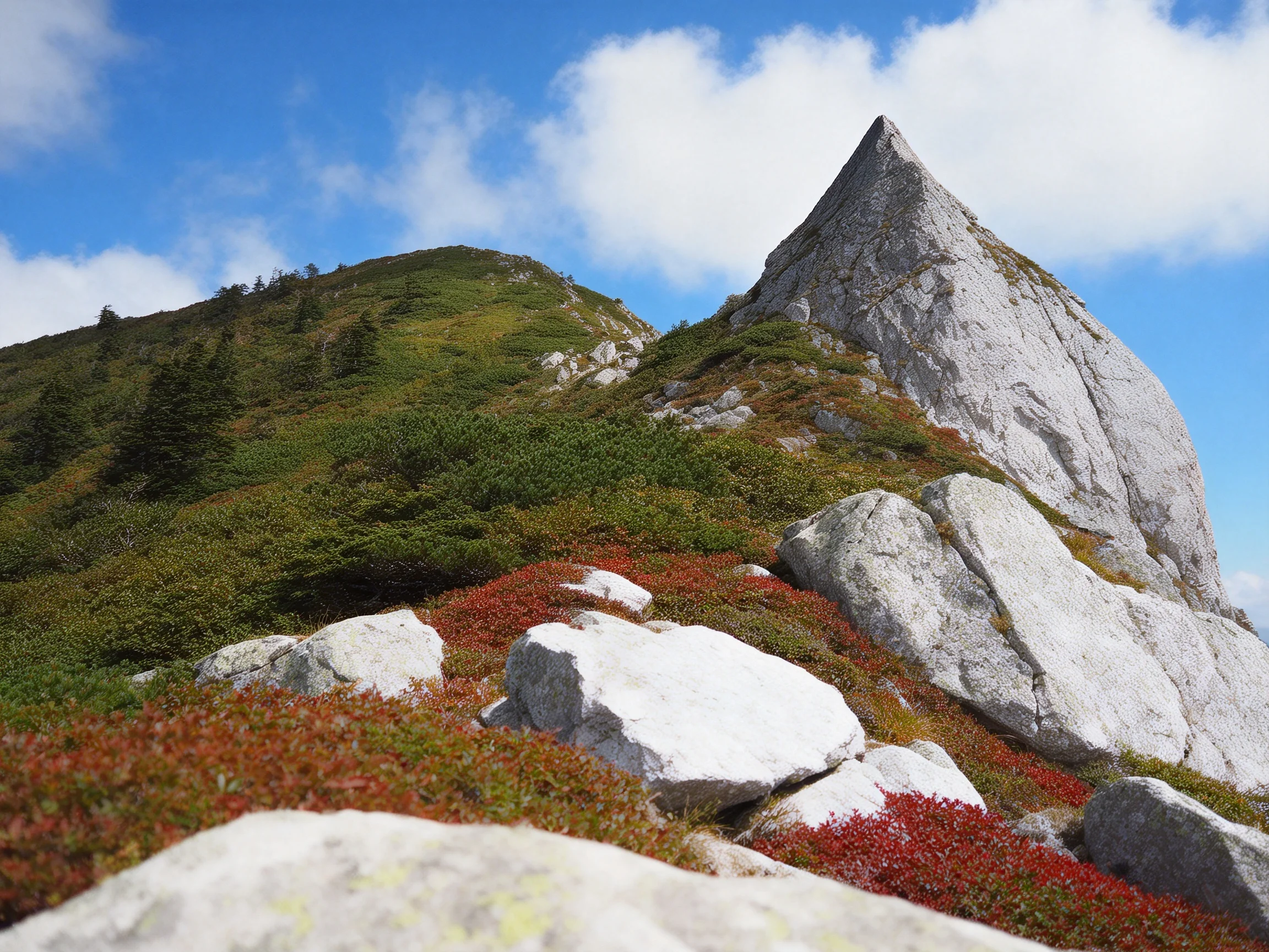 Rugged mountain peak with green slopes and red shrubs