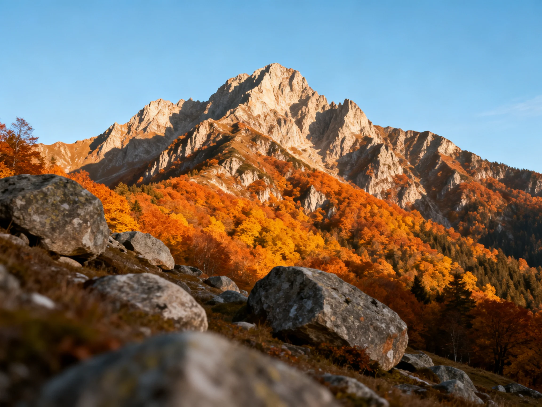 Rugged mountain peak with vibrant fall forests and rocky foreground