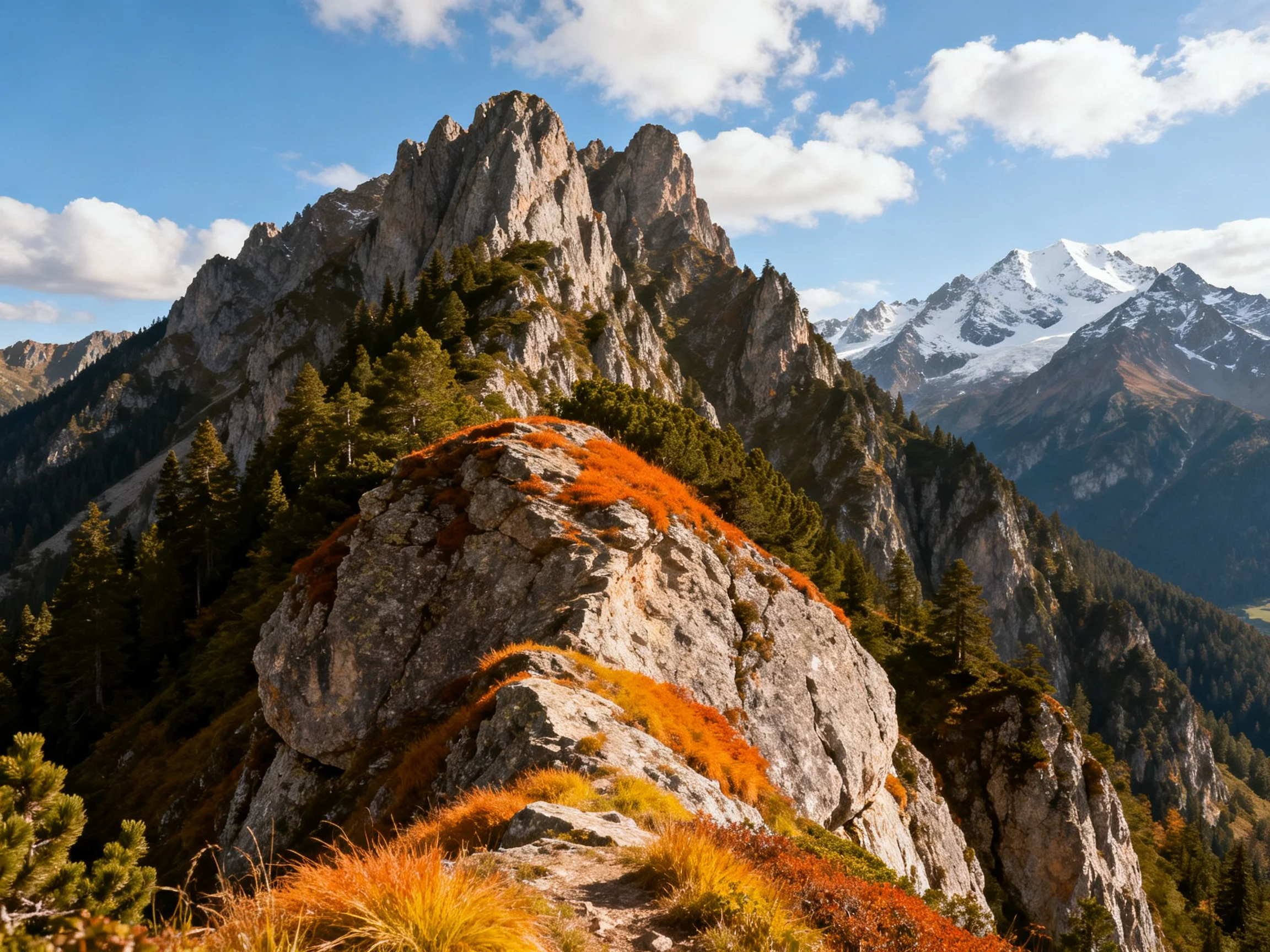 Rugged mountain ridge with autumn-hued vegetation near snow-capped peaks