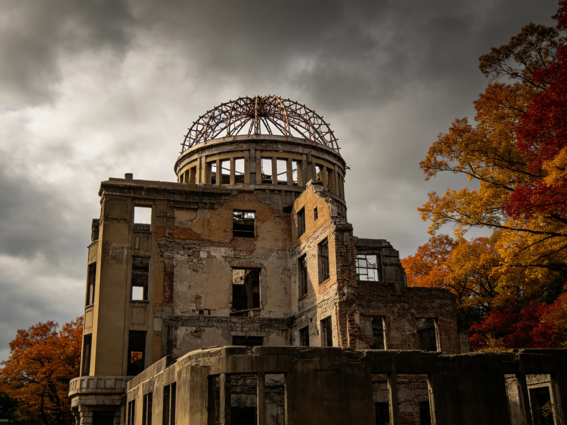Ruined Atomic Bomb Dome with Autumn Foliage Under Stormy Sky