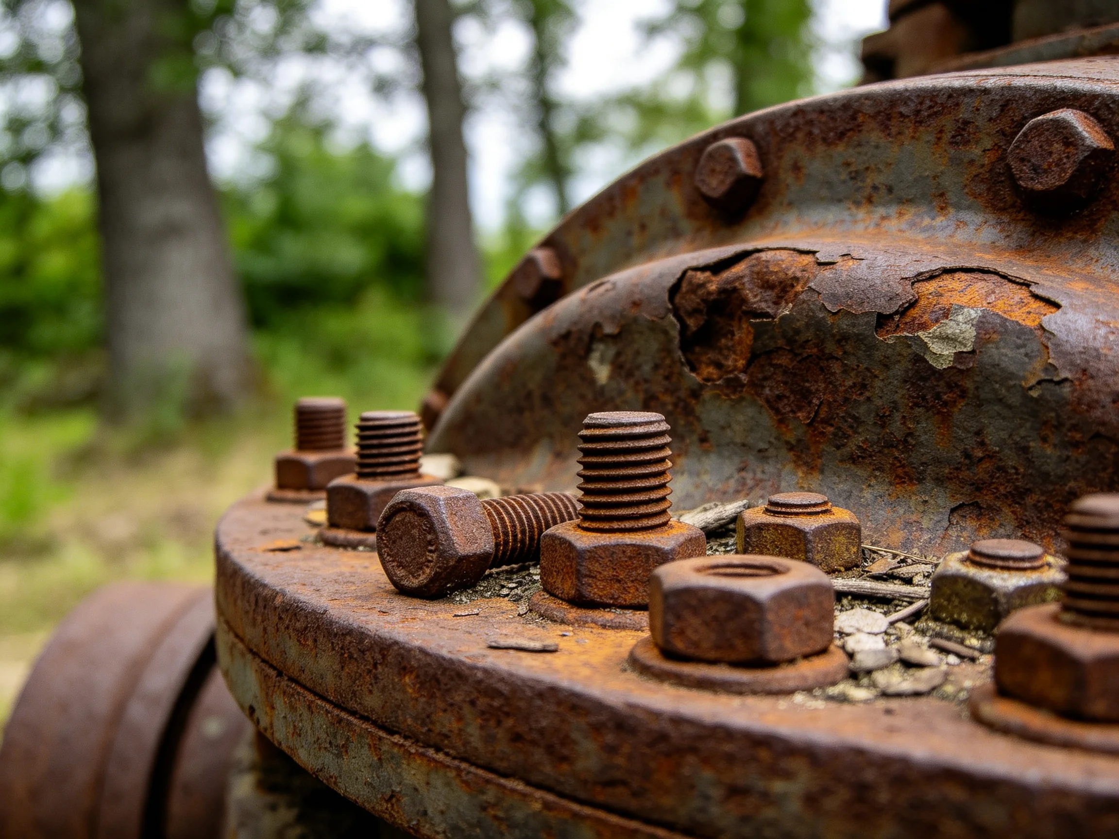 Rust-covered metal structure with multiple bolts and nuts outdoors