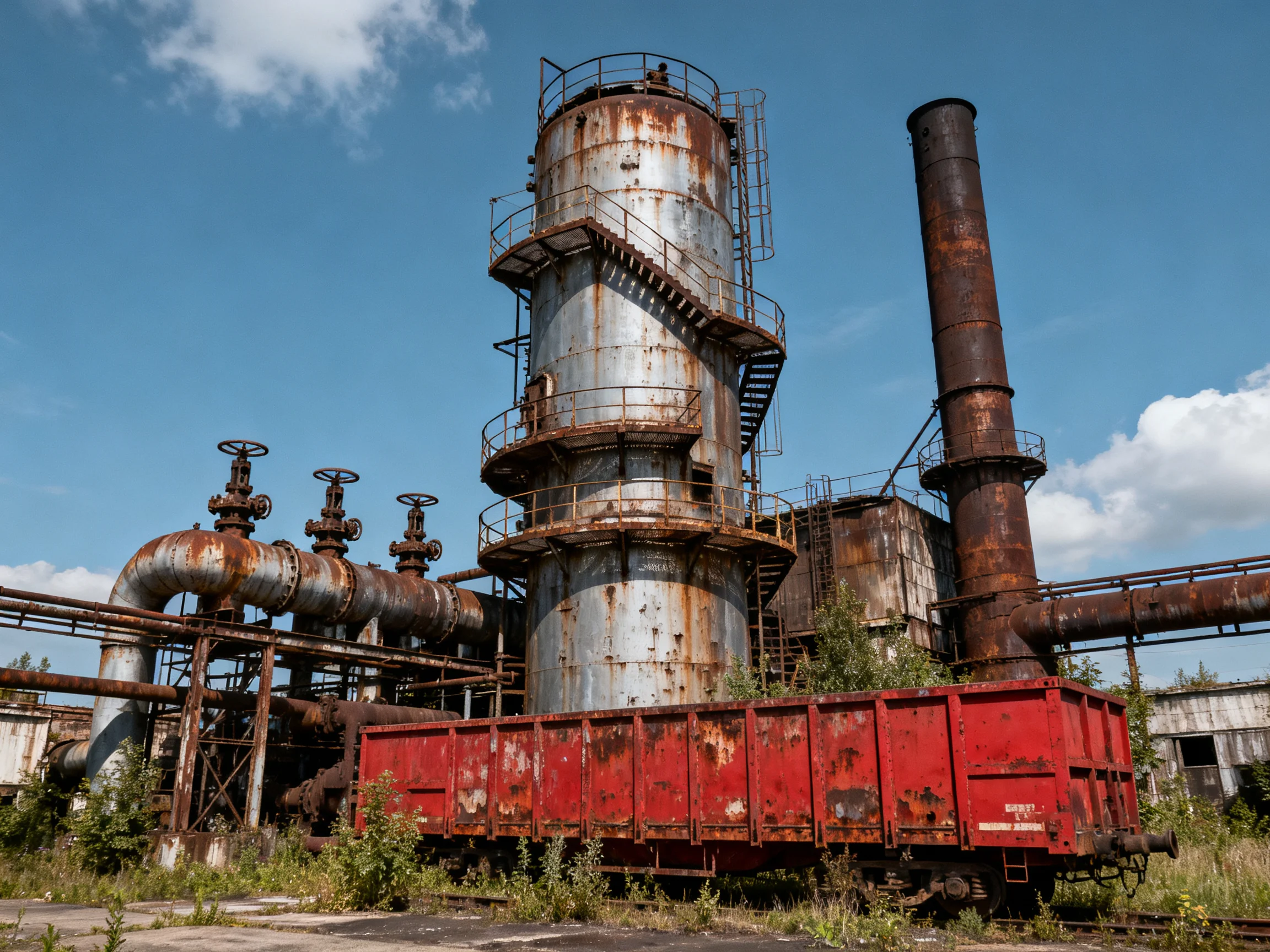 Rusted Industrial Complex with Red Container and Tall Chimney