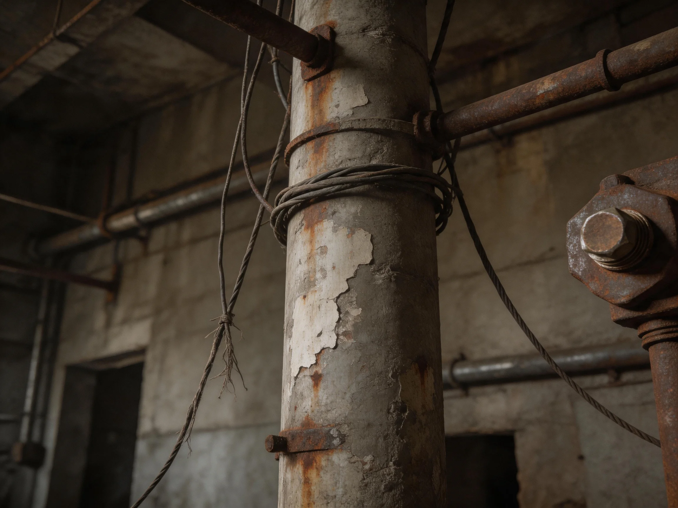 Rusted Industrial Pillar with Wires and Weathered Concrete Walls