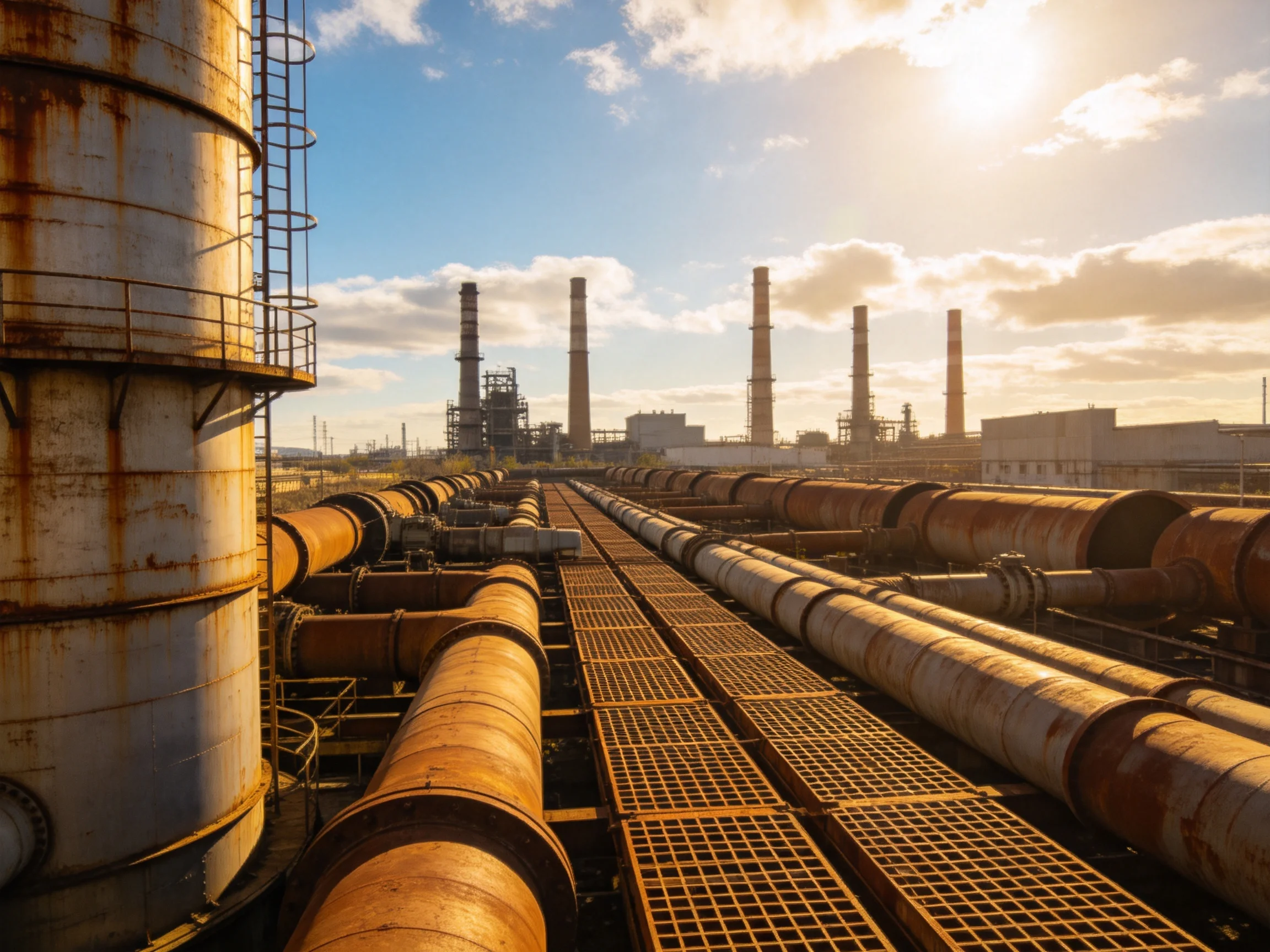Rusted Industrial Pipes and Chimneys Under Golden Sunset Light