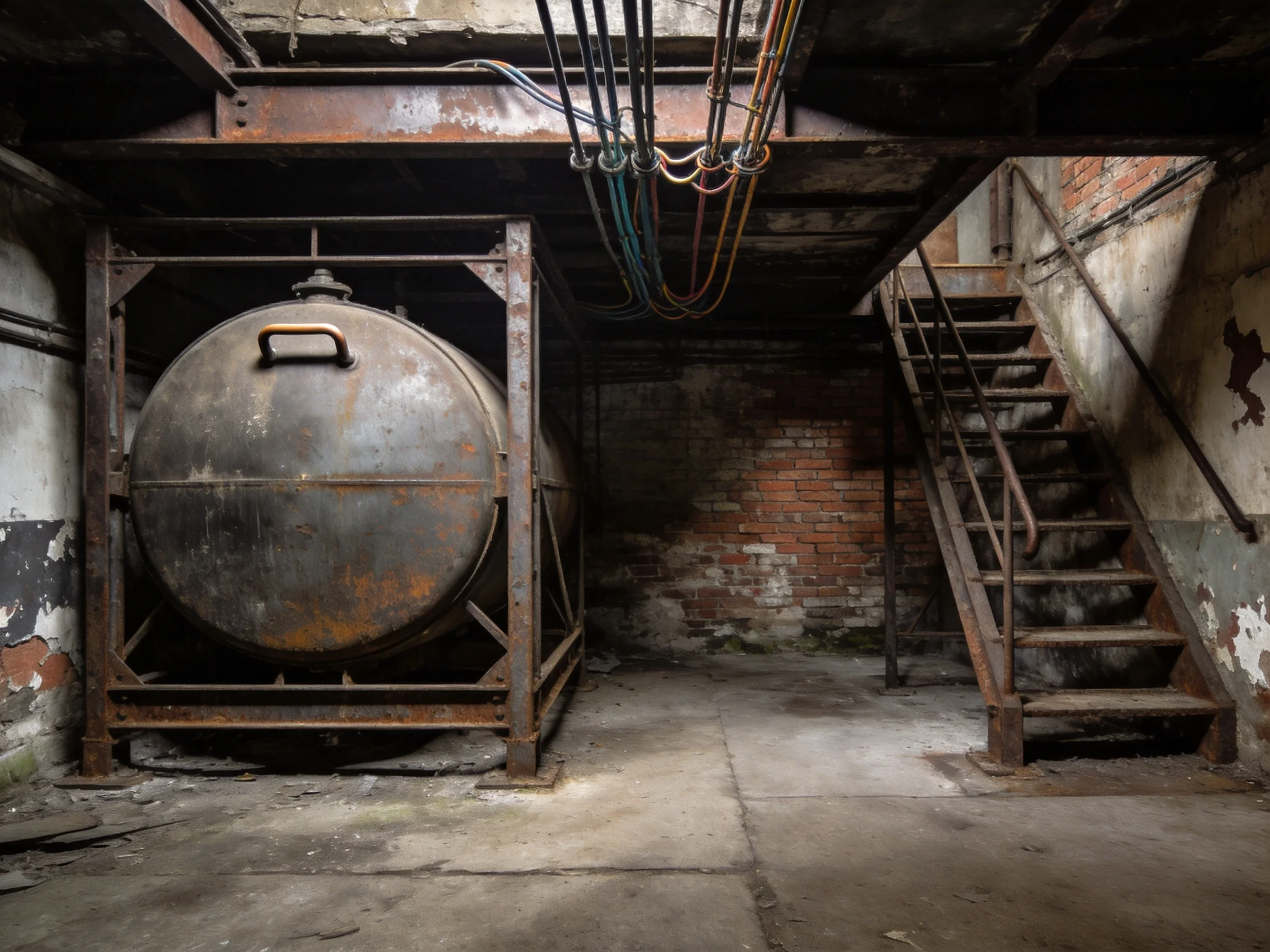 Rusted Industrial Tank Near Brick Wall With Metal Stairs