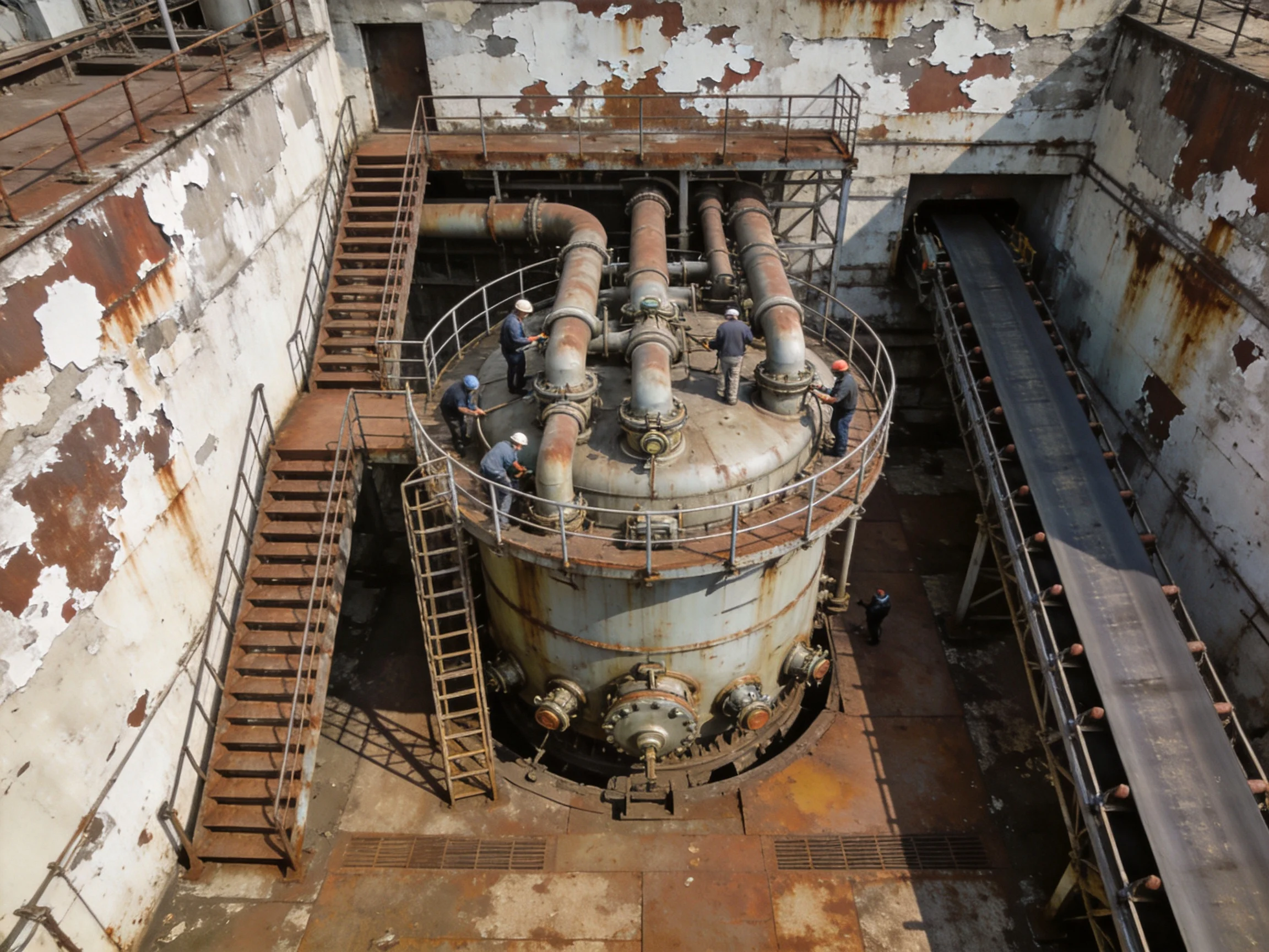 Rusted Industrial Tank with Workers in Weathered Facility