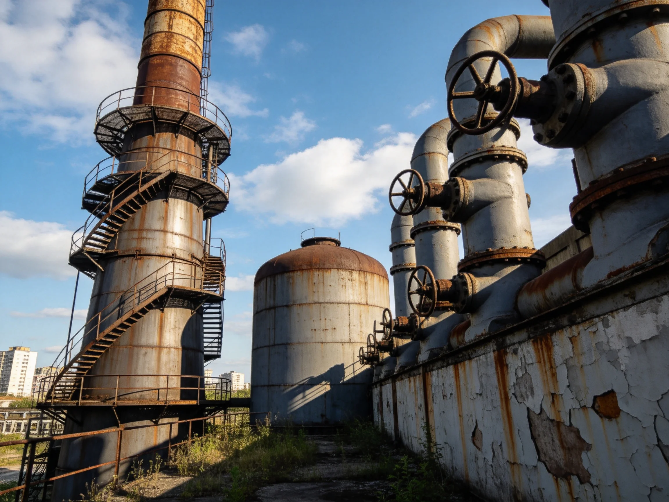 Rusted Industrial Tower, Tank, and Pipe Complex
