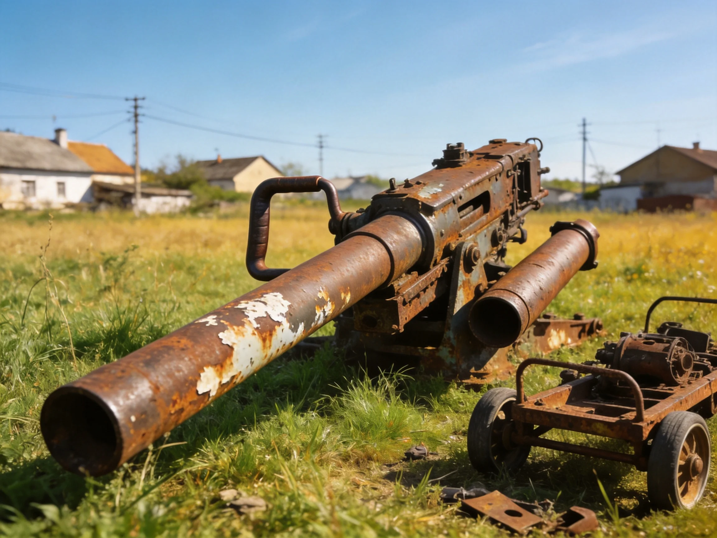 Rusted antique artillery abandoned in an overgrown rural field