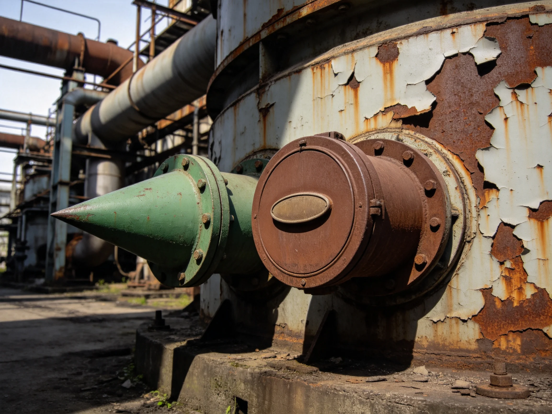 Rusted industrial tank with colored pipe attachments