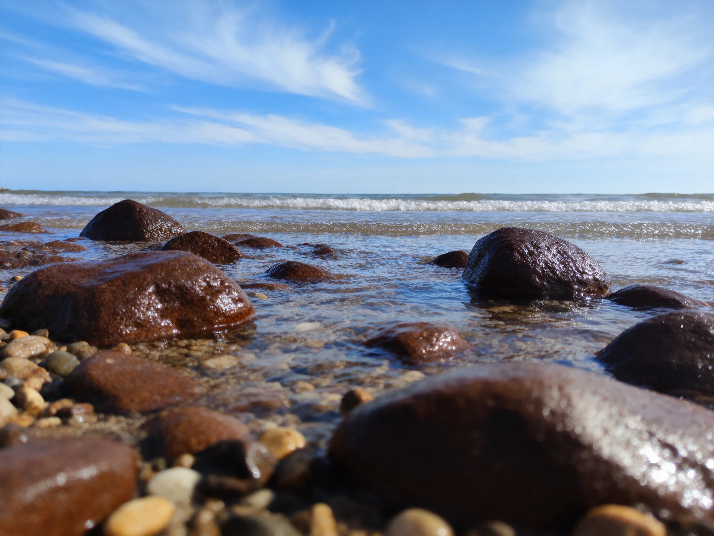 Rustic brown rocks scattered across a pebbly shore near calm ocean