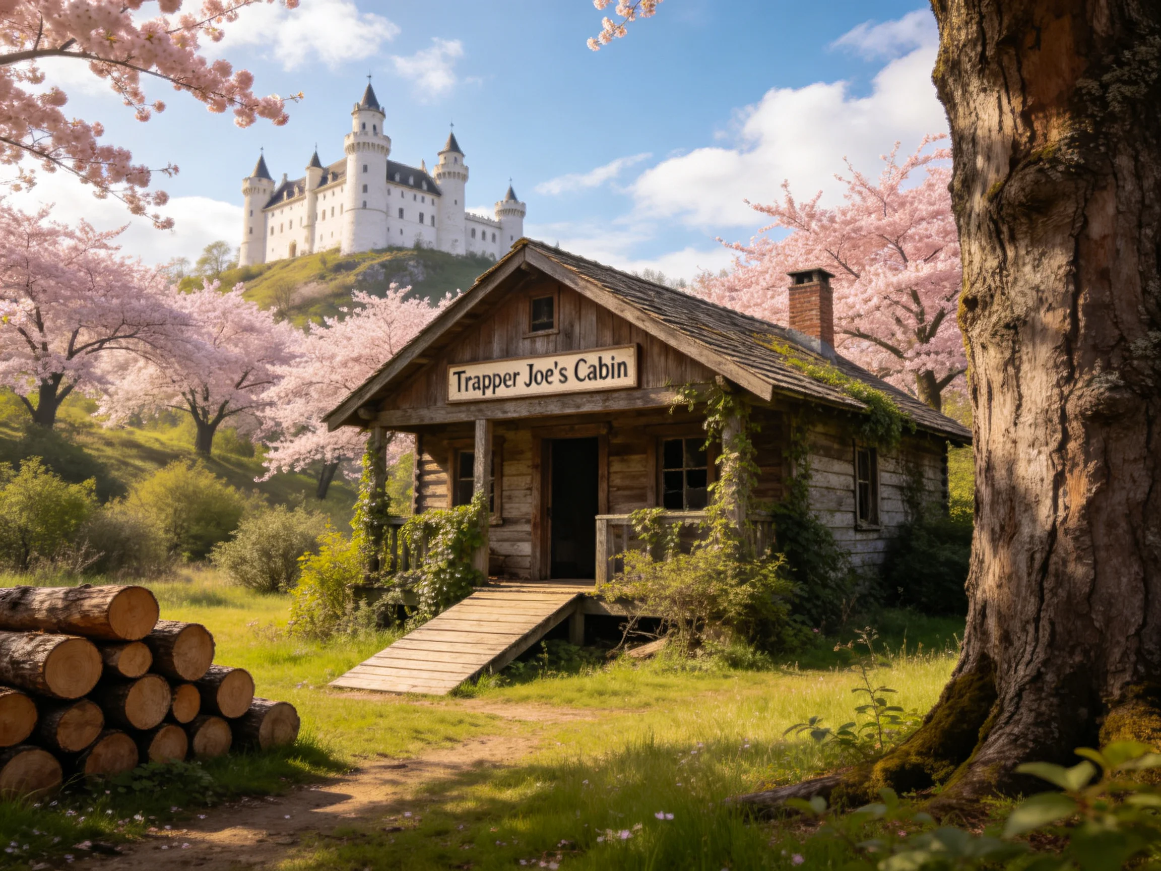 Rustic cabin named Trapper Joe’s Cabin near white castle and pink blossoms