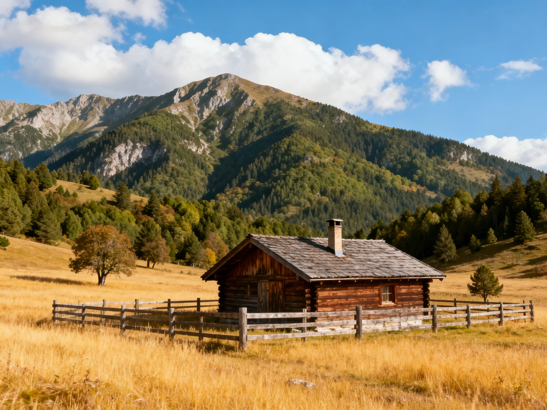 Rustic log cabin nestled among golden meadows and forested mountains