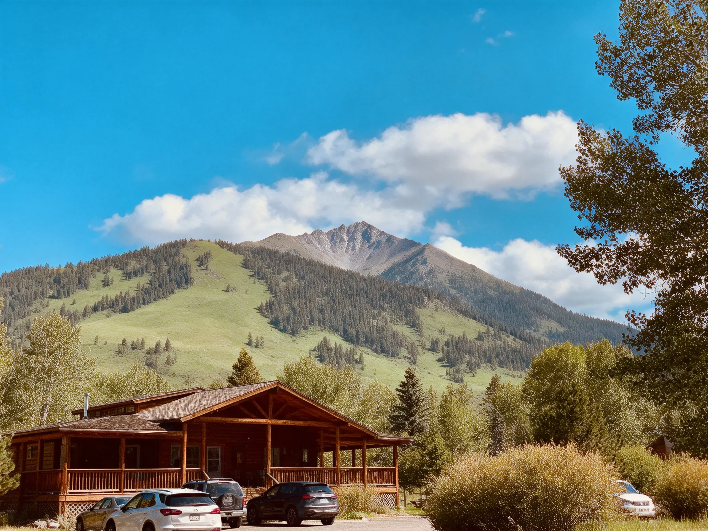 Rustic wooden cabin beside forested mountain slope with parked cars