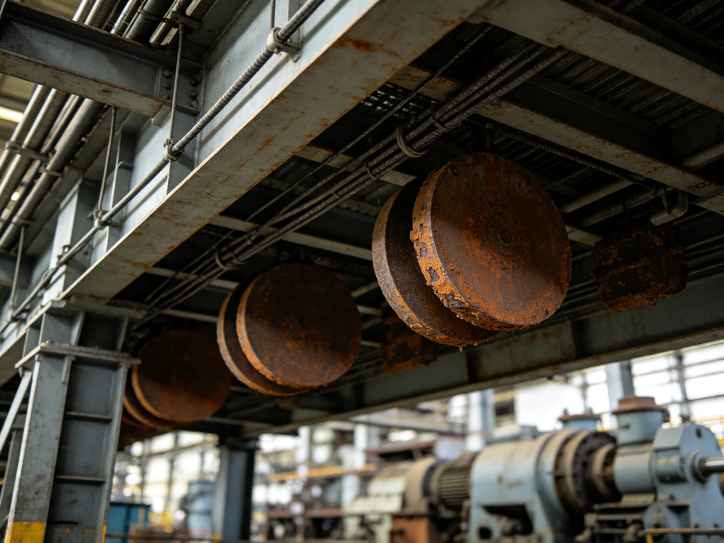 Rusty Circular Components Hang Under Industrial Metal Framework